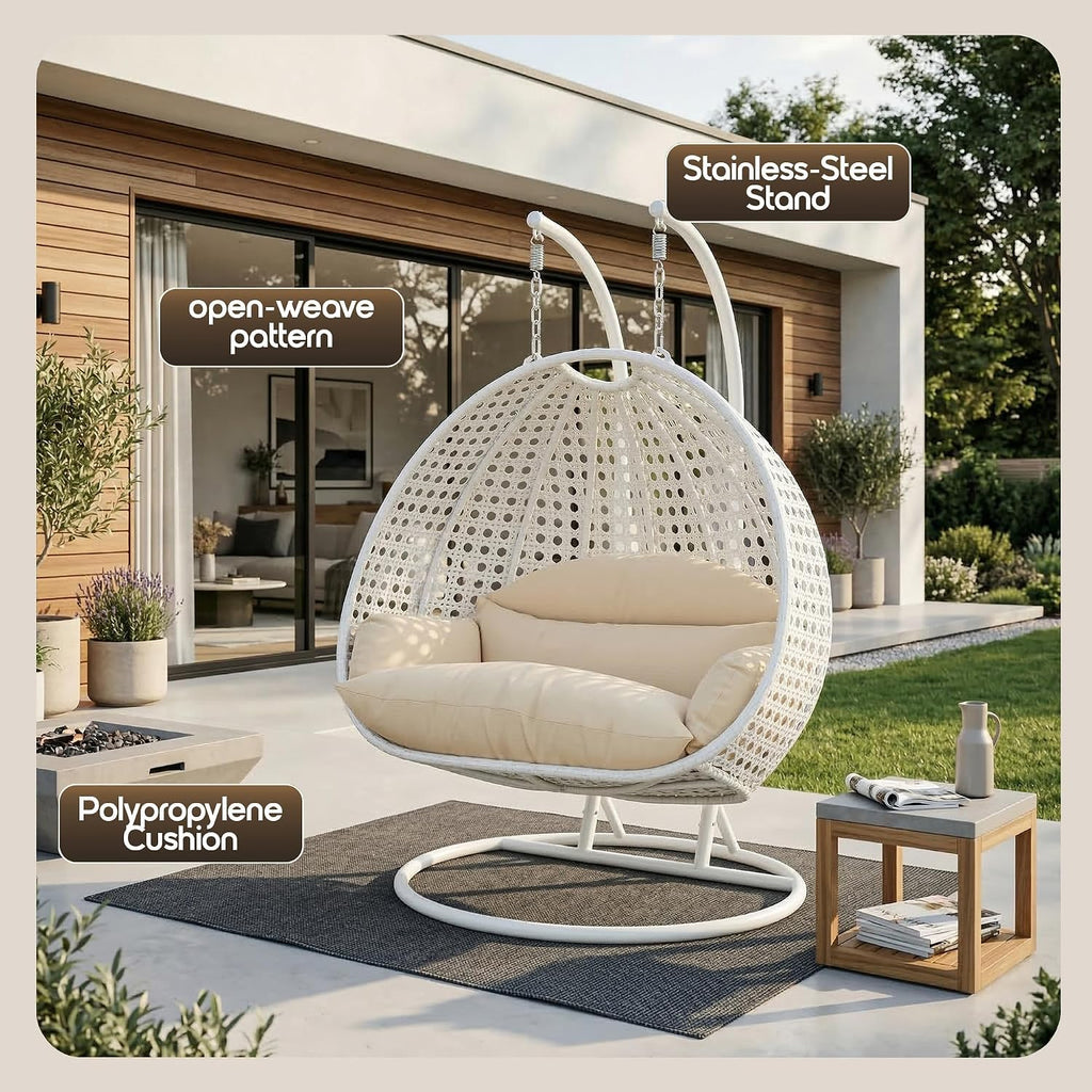 LeisureMod 2 Person Wicker Egg Chair Outdoor Indoor Bedroom Patio Hanging Lounge Swing Hammock Chairs with White Stand and UV Resistant Cushions (Cream)