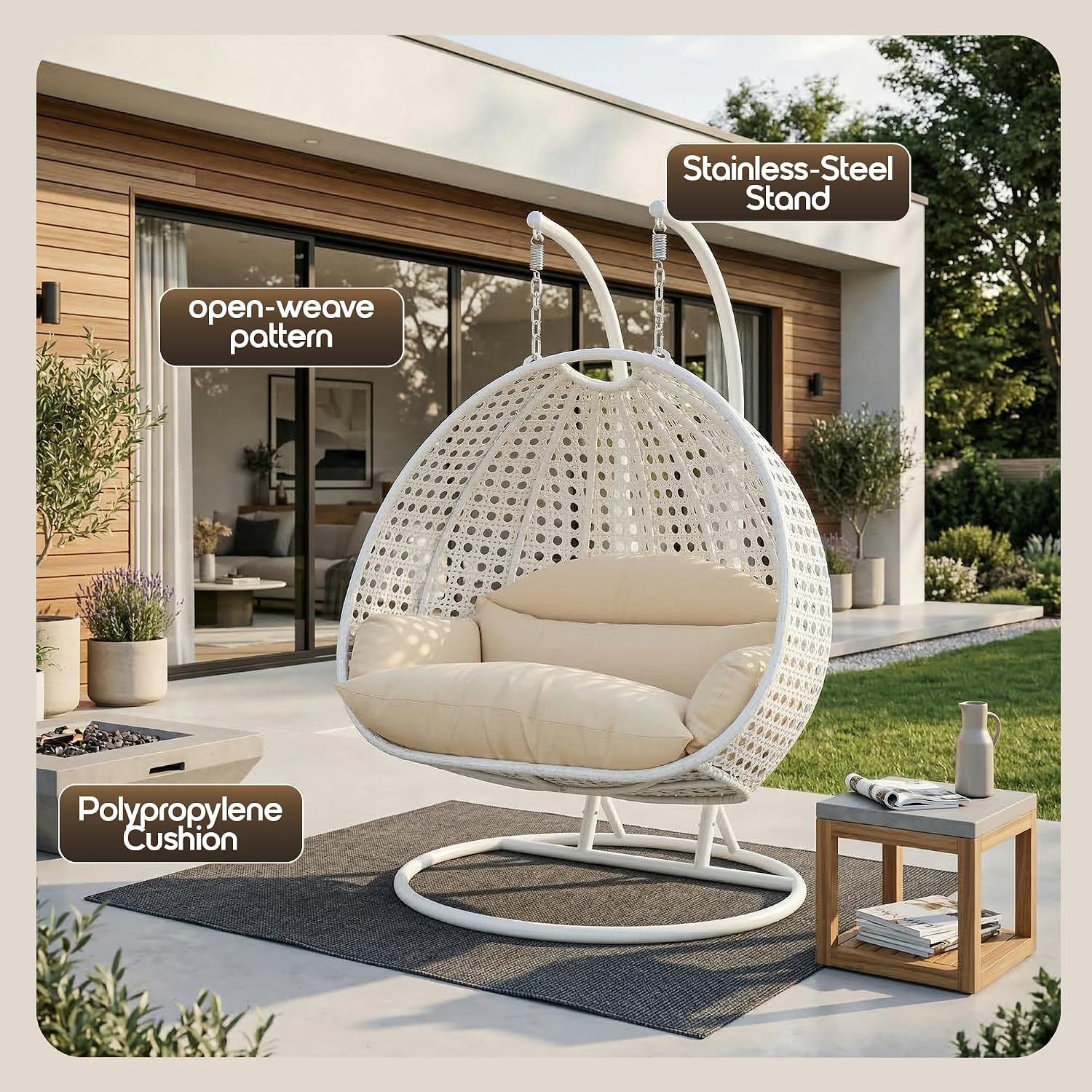 LeisureMod 2 Person Wicker Egg Chair Outdoor Indoor Bedroom Patio Hanging Lounge Swing Hammock Chairs with White Stand and UV Resistant Cushions (Cream)