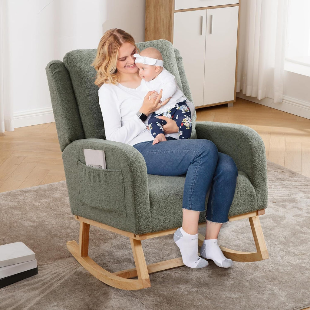 HCHAIRH Rocking Chair Nursery, Teddy Nursing Rocking Chairs, Upholstered Nursery Glider Rocker for Mom Nursery Morden Accent Rocking Chair with Lumbar Pillow for Living Room,Bedroom, Green