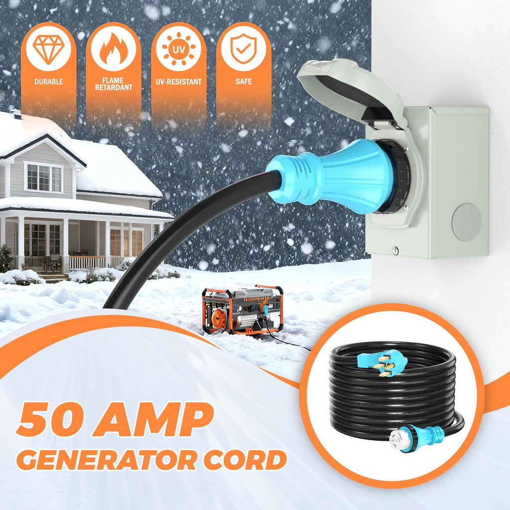 50 Amp 25 Feet Generator Extension Cord, NEMA 14-50P Male to SS2-50R & CS6364 STW 6/3+8/1 AWG 125/250V Generator Power Cord Twist Lock Connectors for Generator to House