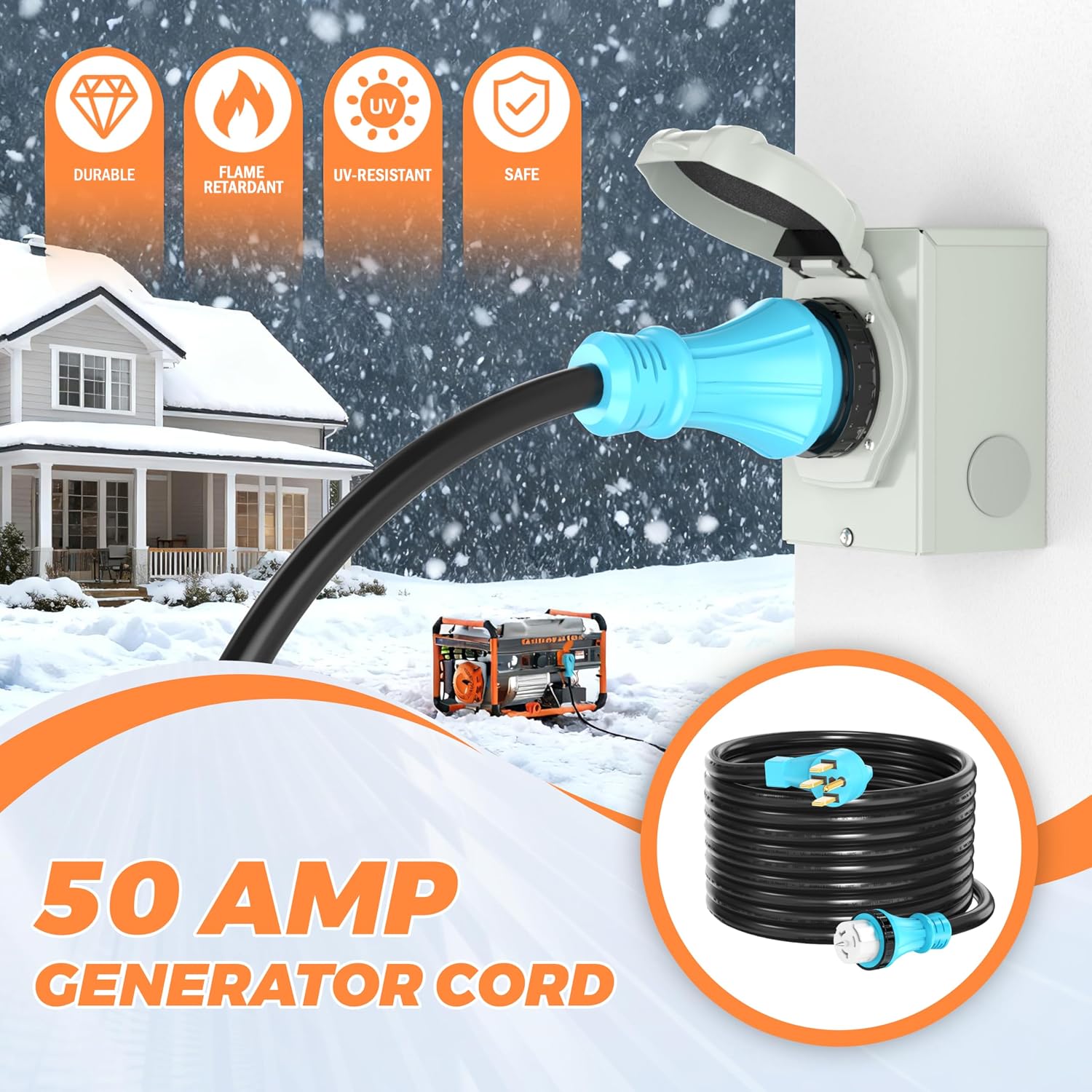 50 Amp 36 Feet Generator Extension Cord NEMA 14-50P Male to SS2-50R & CS6364 STW 6/3+8/1 AWG 125/250V Generator Power Cord Twist Lock Connectors for Generator to House