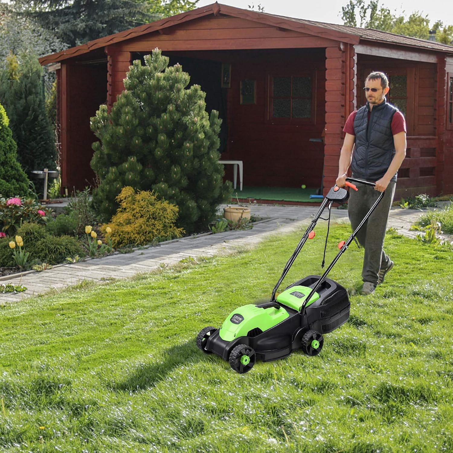 Happygrill Lawn Mower 13-Inch Electric Lawn Mower, Handle Push Corded Lawn Mowers with Grass Bag, Folding Handle, Adjustable Cutting Height for Garden Yard, 12 Amp,Green