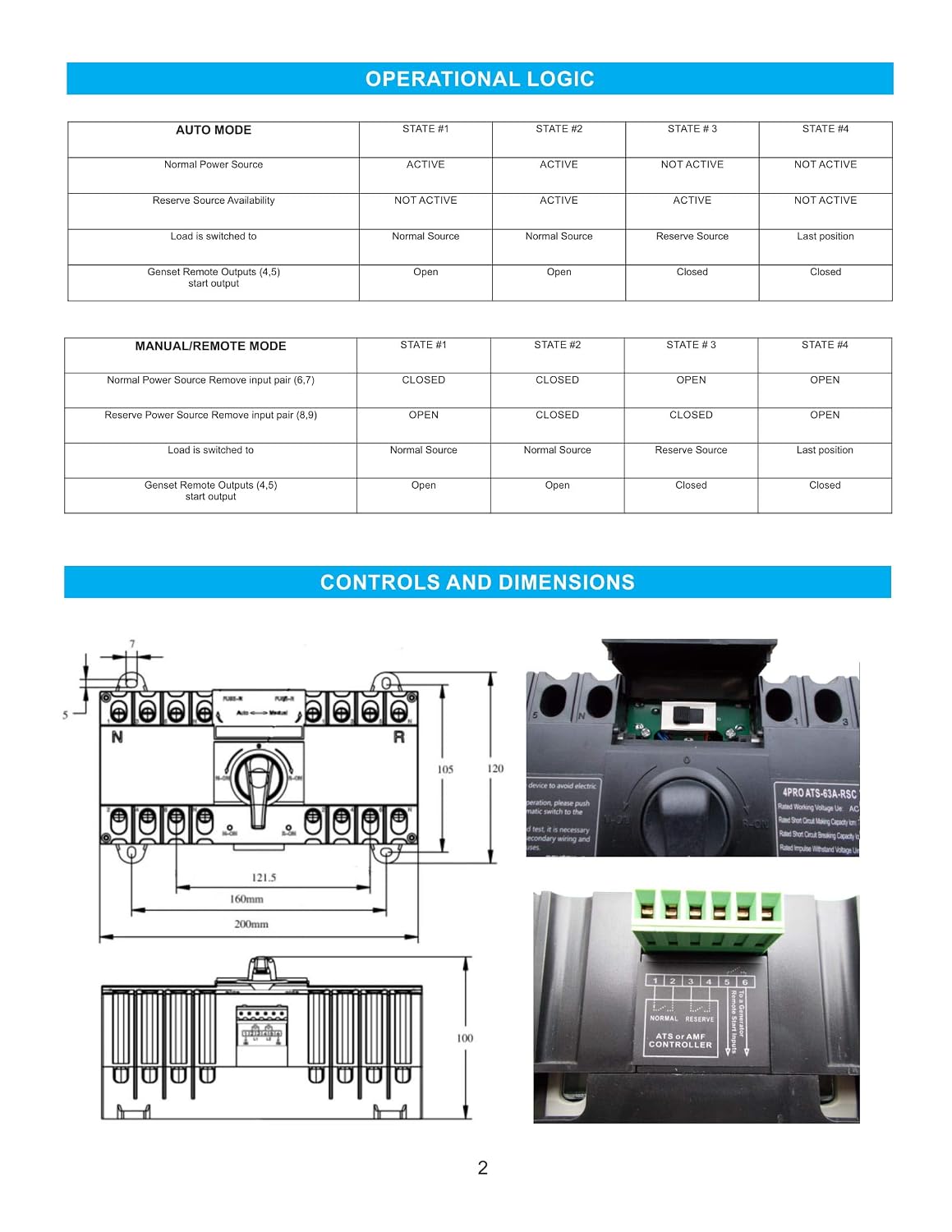 4PRO ATS-63A-4P-RSC 230V Automatic Changeover Switch 50-60Hz, 1-3 Phase, 4 pol, 3 pos,