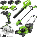 Greenworks 48V (24V x 2) Electric Lawn Mower Combo Kit with 20' Steel Deck, 12' String Trimmer, 320 CFM Blower, Circular Saw & Drill – Ideal for Home Yard Work & DIY Projects