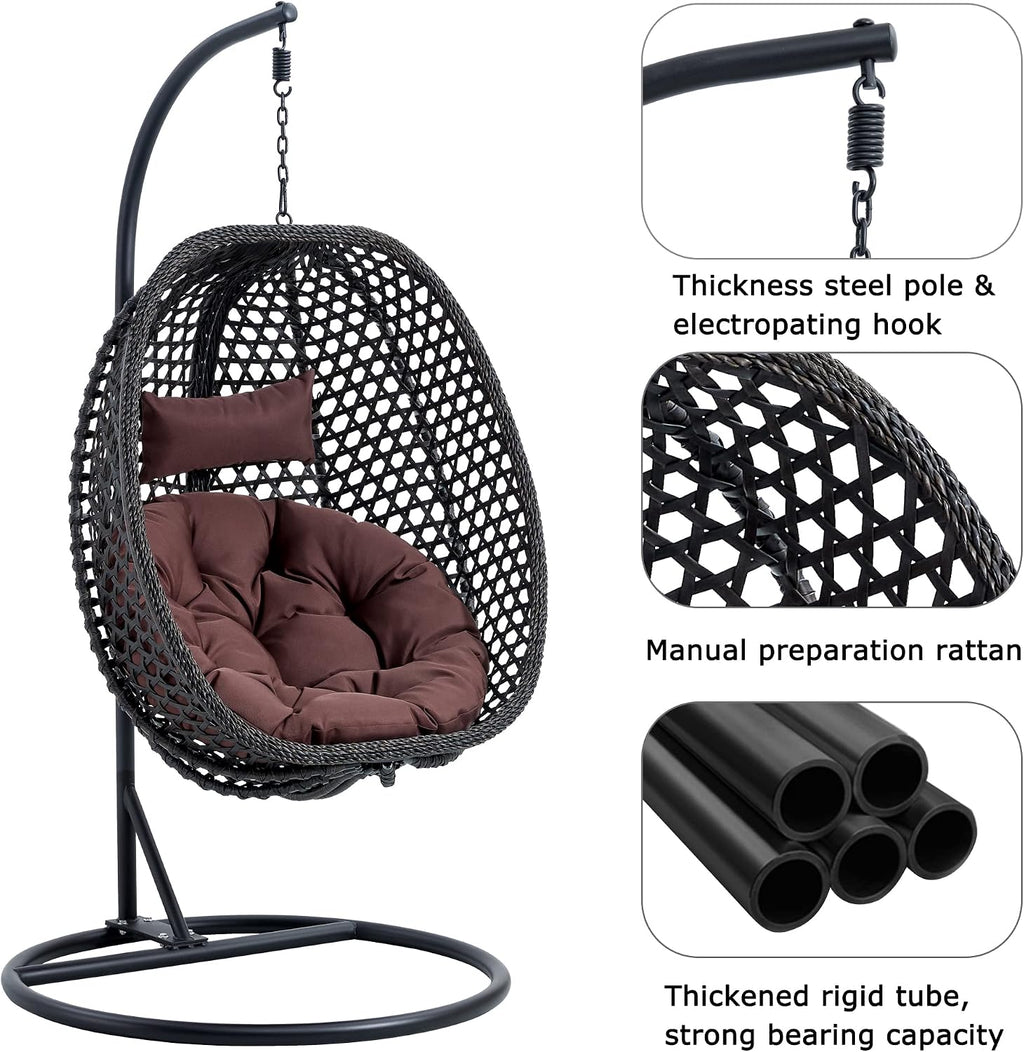 Hanging Egg Chair with Stand & Cushions, Outdoor and Indoor Hammock Rattan Swing Chair 350 lbs Capacity with Aluminum Steel Frame for Patio, Balcony, Backyard and Living Spaces (Black)