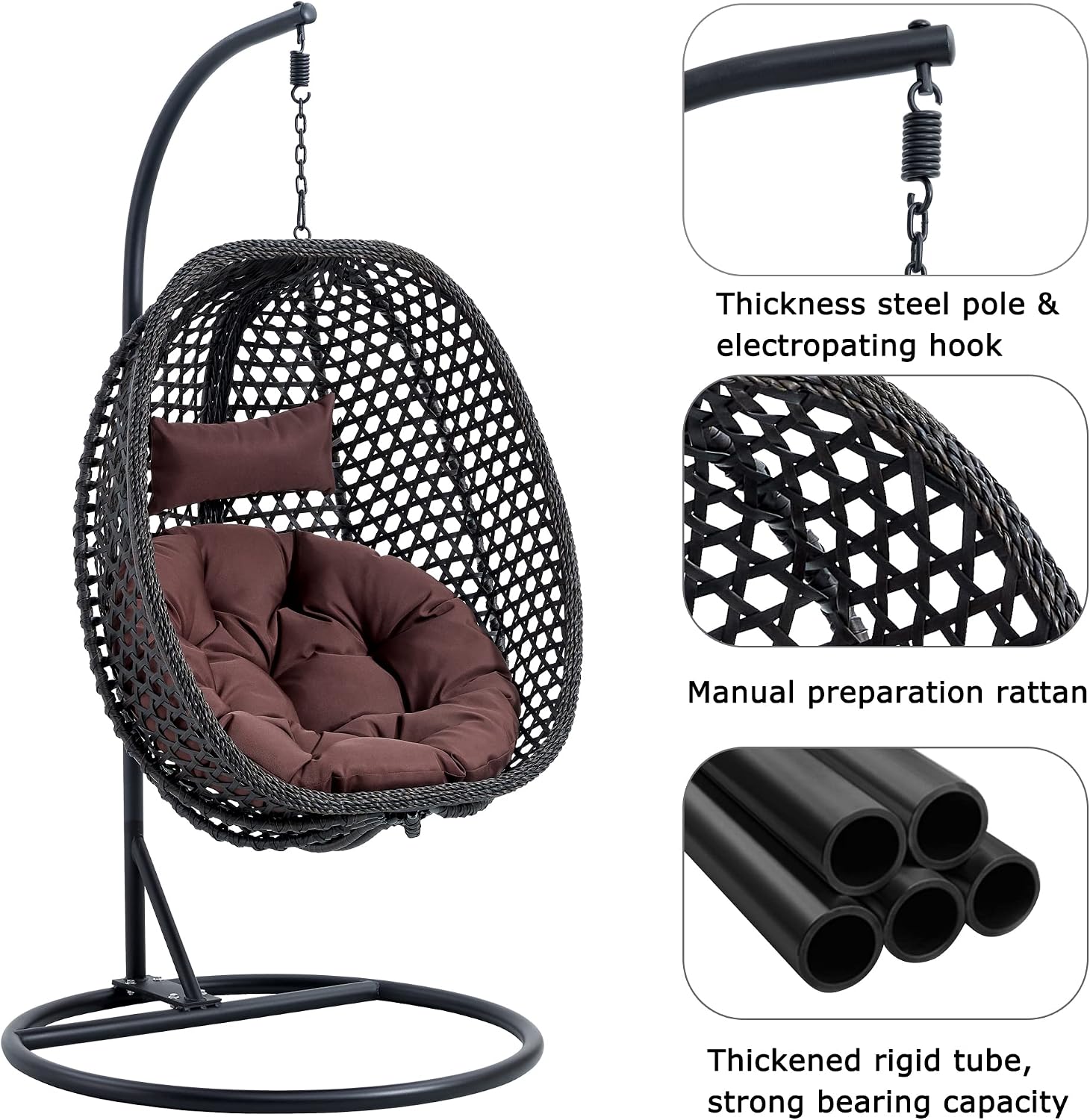 Hanging Egg Chair with Stand & Cushions, Outdoor and Indoor Hammock Rattan Swing Chair 350 lbs Capacity with Aluminum Steel Frame for Patio, Balcony, Backyard and Living Spaces (Black)
