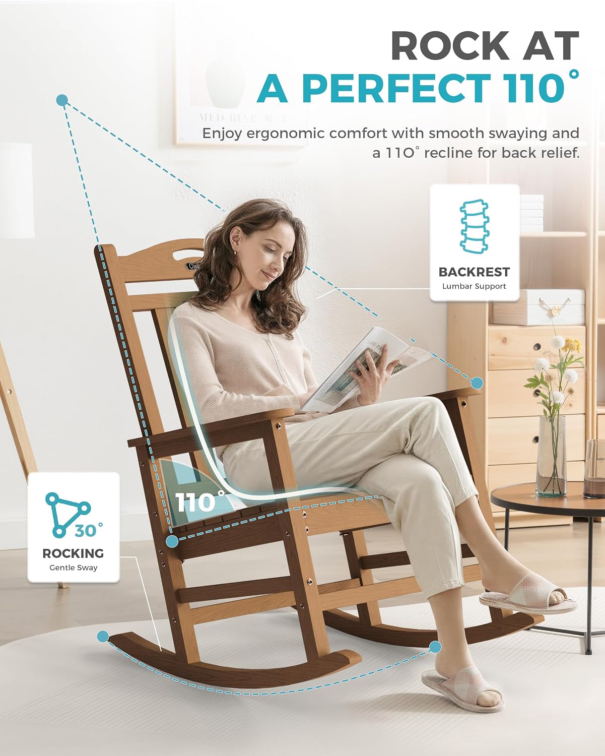 Ciokea Oversized Outdoor Rocking Chairs Set of 8, 380lbs Heavy-Duty Large Patio Rocker, High Back Cozy Porch Chairs, Weather Resistant Patio Rocking Chairs for Outside, Fire Pit, Deck, Teak