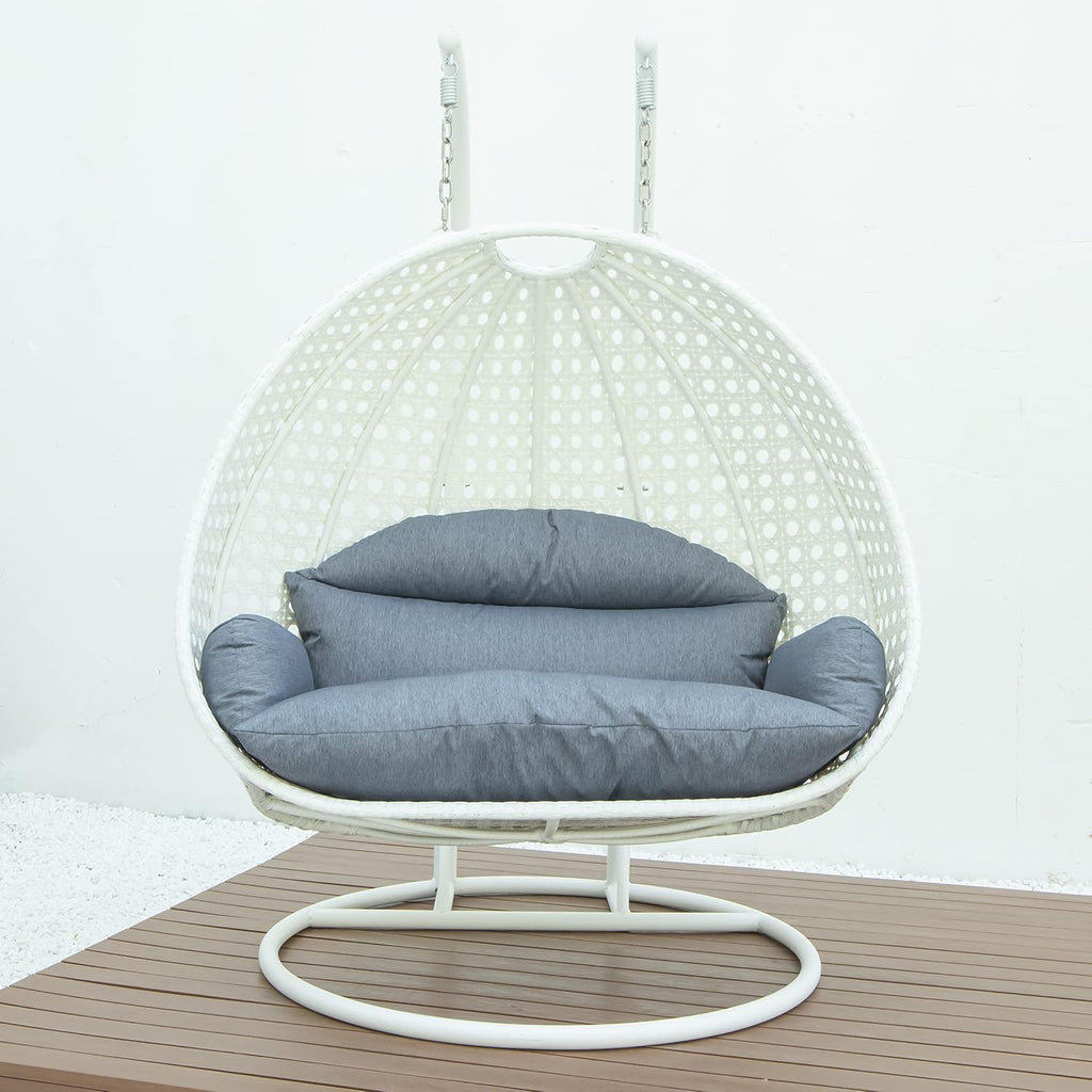 LeisureMod 2 Person Hanging Egg Chair, Indoor Outdoor Patio Lounge Swing with White Stand & UV-Resistant Cushions, Hammock Chair for Bedroom & Garden, Charcoal Blue