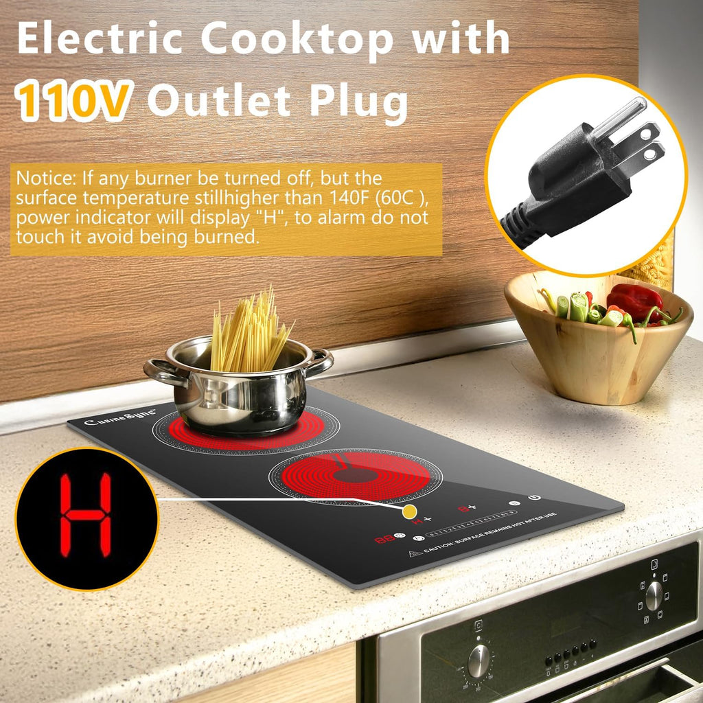 2 Burner Electric Cooktop, 110-120V Plug In Countertop Stove, Touch Control with 99-Min Timer, Child Lock & Auto Shutoff, 12 Inch Radiant Cooktop for Indoor Cooking