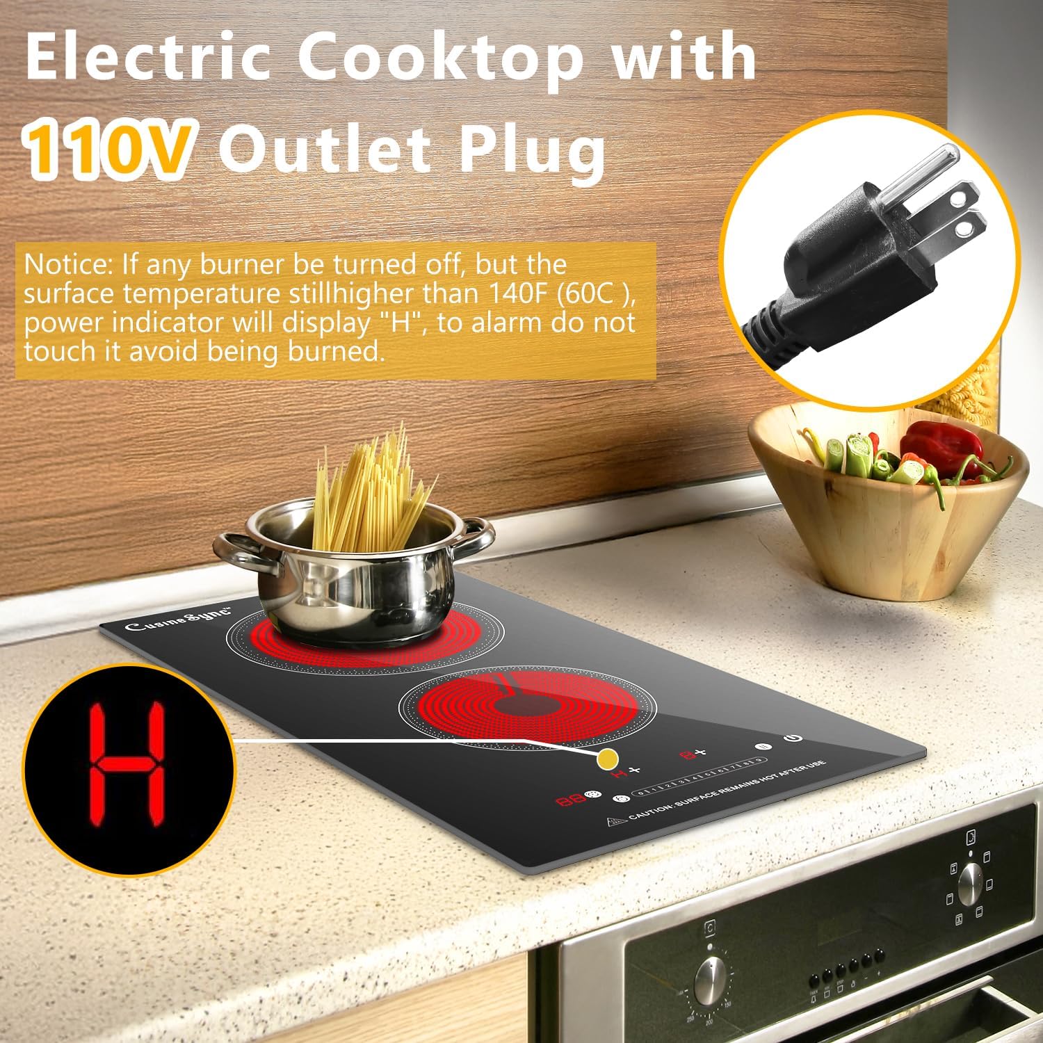 2 Burner Electric Cooktop, 110-120V Plug In Countertop Stove, Touch Control with 99-Min Timer, Child Lock & Auto Shutoff, 12 Inch Radiant Cooktop for Indoor Cooking