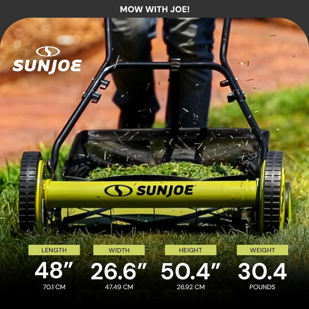 Sun Joe MJ502M Reel Mower w/ 8.5-Gallon, 9-Position Height Adjustment, Foam Grip, Compact Design, Green, 20-Inch Manual w/Grass Catcher
