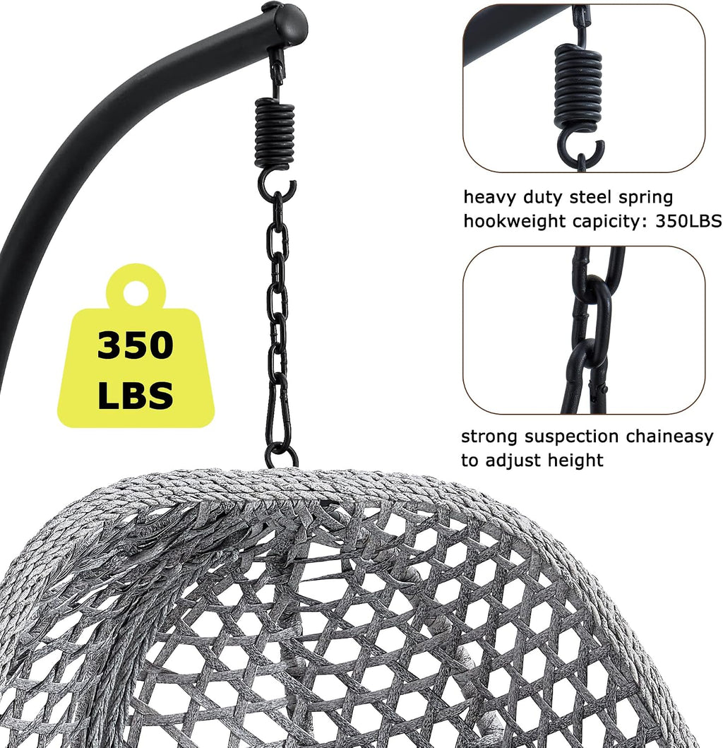 Hanging Egg Chair with Stand & Cushions, Outdoor and Indoor Hammock Rattan Swing Chair 350 lbs Capacity with Aluminum Steel Frame for Patio, Balcony, Backyard and Living Spaces (Light Grey)