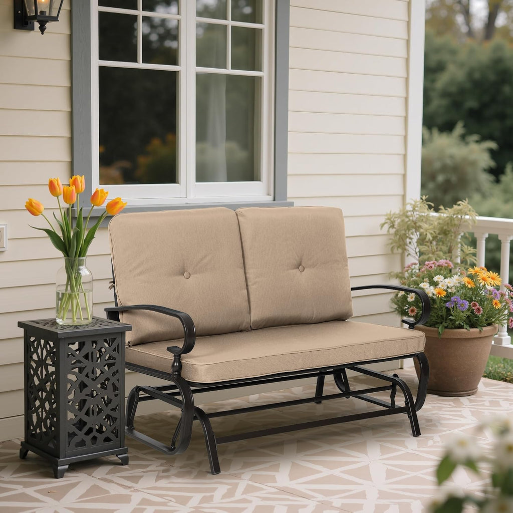 Outdoor Bench Patio Swing Glider Loveseat 2 Seats Rocking Chair, Wrought Iron Gliders for Outside Patio with Cushion (Brown)