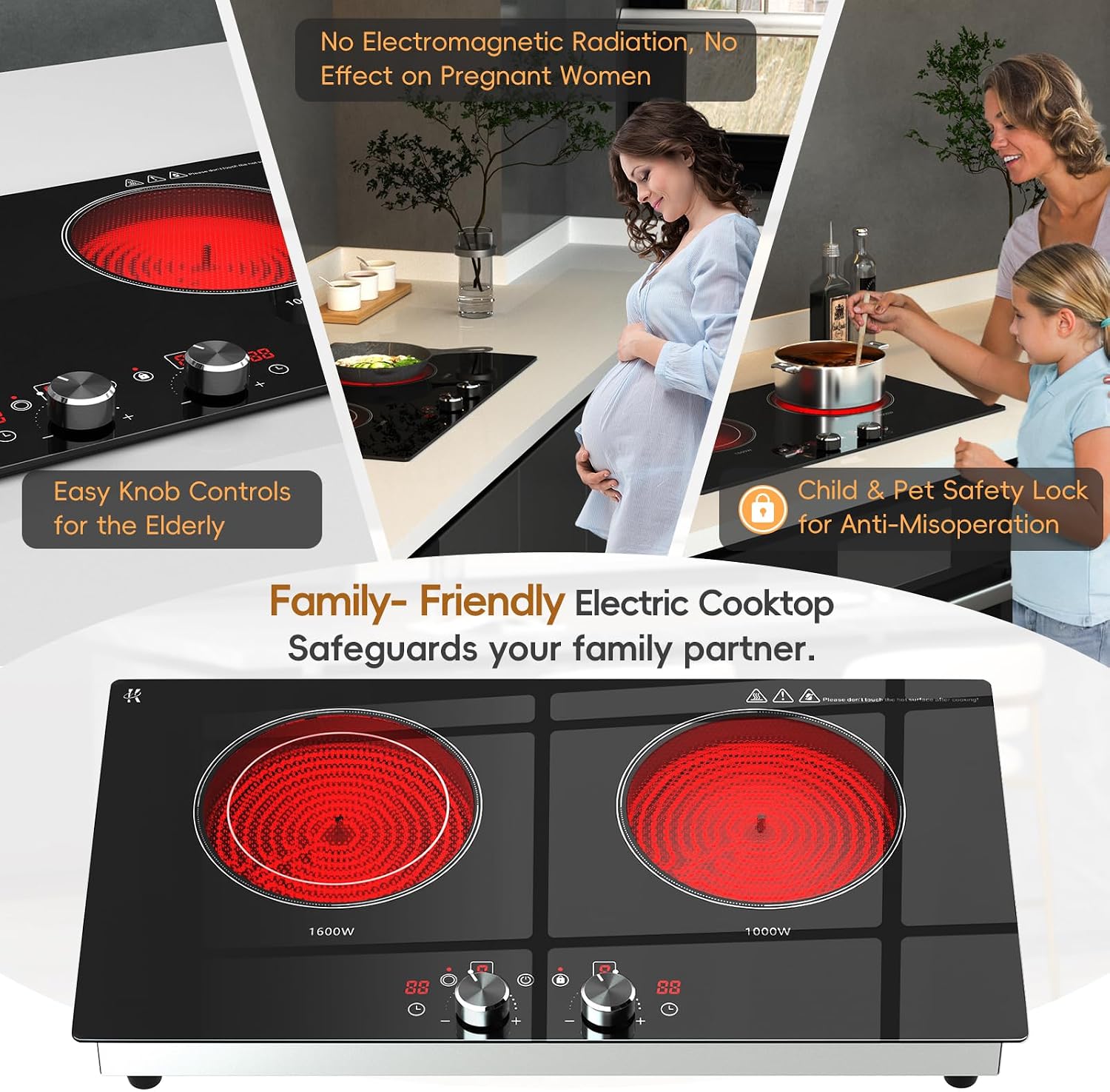 2 Burner Electric Cooktop 24 Inch, 120V Electric Stove Top with Countertop & Built-in Design, 1800W Knob Control Radiant Ceramic Cooktop with Safety Lock, 9 Level Power, 99 Min Timer - Plug in