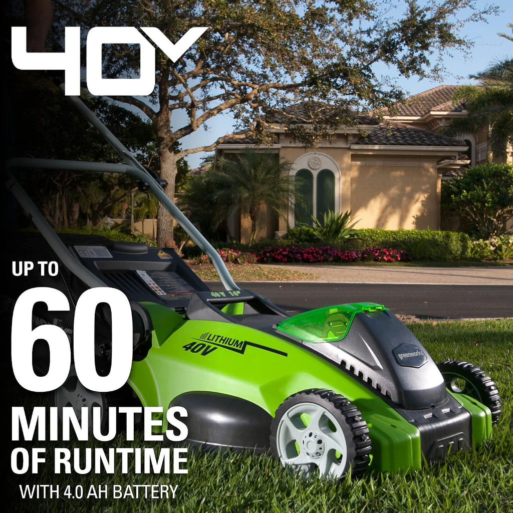 Greenworks 40V 16' Cordless Electric Lawn Mower + 40V Sweeper (150 MPH), 4.0Ah Battery and Charger Included