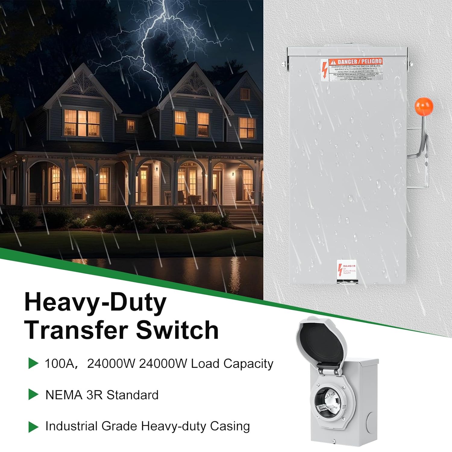 50 AMP Generator Transfer Switch Kit，Pre-Drilled,Twist Lock Connector,Include Transfer Switch，SS2-50P Inlet Box&15 FT 50 Amp L14-50P Cord,Twist Lock Connector,Outdoor and Indoor