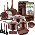 NutriChef 20 Piece Professional Home Kitchen Cookware and Bakeware, Pots and Pans Set Non Stick Kitchenware, Cool-Touch Handles, Safe for Gas, Electric, Induction Cooktops, Easy Clean, Brown