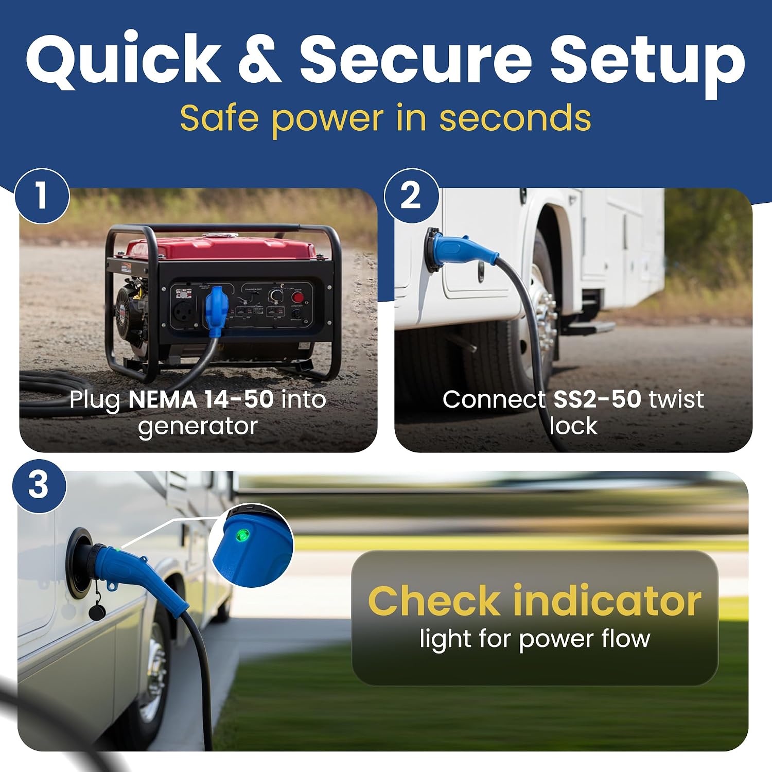 Amp Up 50 Amp Generator NEMA 14-50 Power Extension Cord, 25ft Heavy Duty 50amp Generator Power & 50amp Extension Cord, NEMA SS2-50 Twist Lock with Indicator Light & ETL Listed from US Company