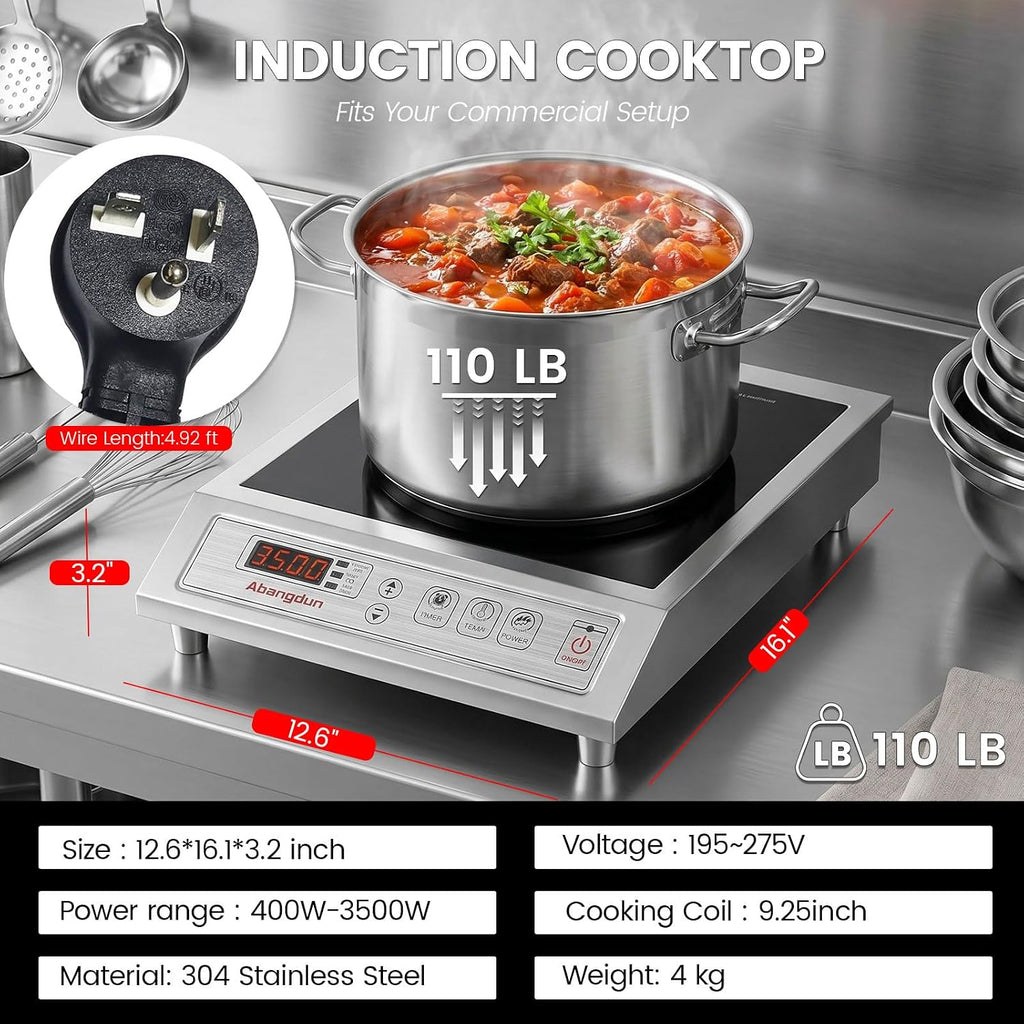 3500W Commercial Induction Cooktop, 208-240V Commercial Induction Burner, Countertop Induction Range & Induction Cooker, Stainless Steel Electric Hot Plate with 9.25-Inch Copper Coil