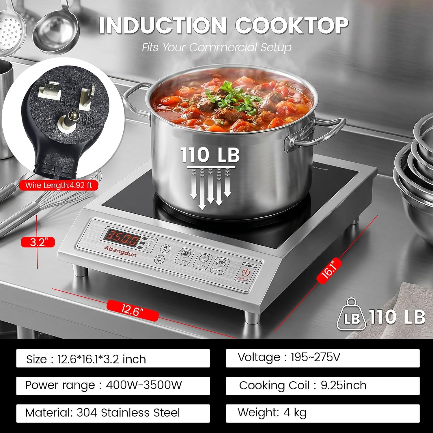 3500W Commercial Induction Cooktop, 208-240V Commercial Induction Burner, Countertop Induction Range & Induction Cooker, Stainless Steel Electric Hot Plate with 9.25-Inch Copper Coil