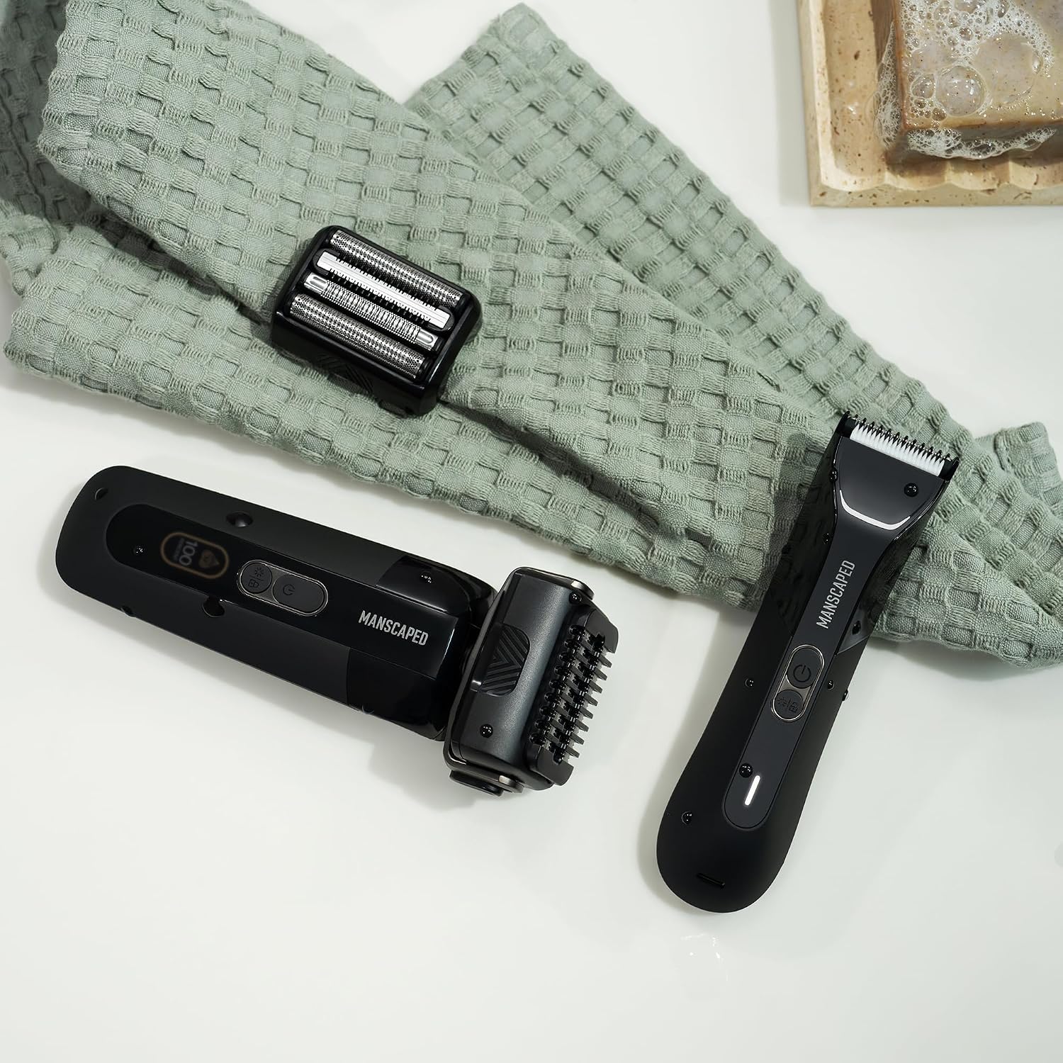MANSCAPED® The Chairman™ PRO & The Lawn Mower® 5.0 Ultra - Men's Face Shaver with Two SkinSafe® Blades, Four-Blade Foil & Stubble Trimmer & Dual-Head Groin & Body Hair Trimmer with Toiletry Bag