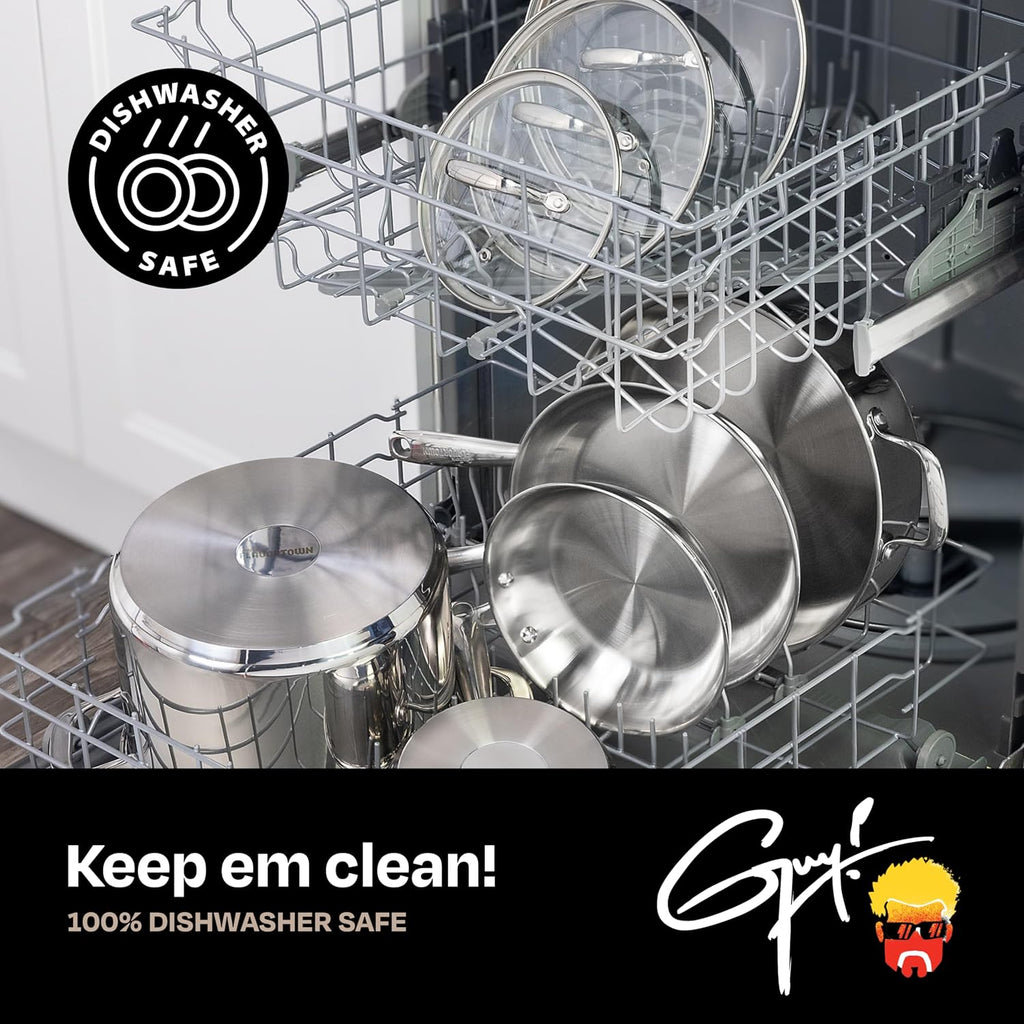 Guy Fieri's Flavortown 10-Piece Stainless Steel Cookware Set - Includes Frying Pans, Saucepans, Saute Pan and Stock Pot - Pots and Pans, Oven-Safe up to 500F