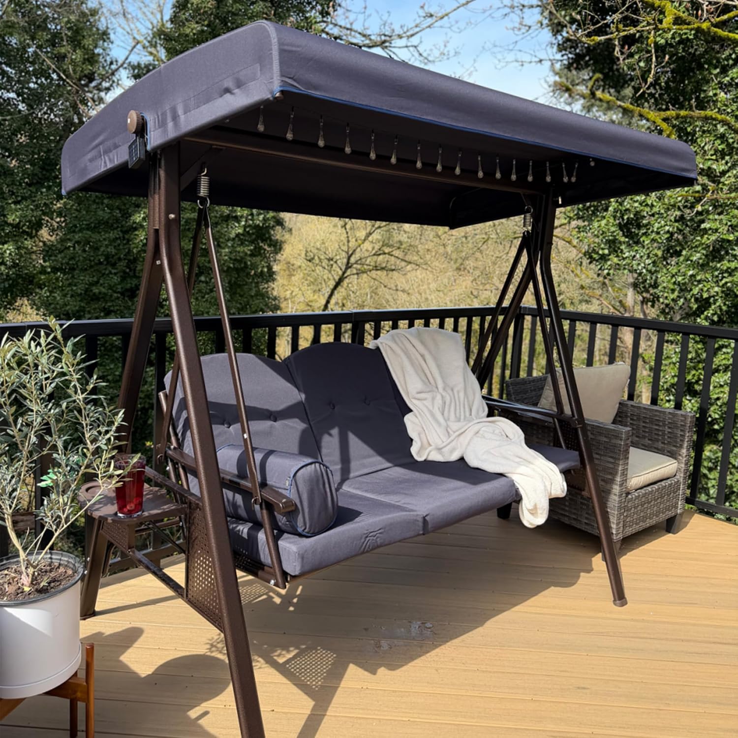 PURPLE LEAF 3-Seat Deluxe Outdoor Patio Porch Swing with Weather Resistant Steel Frame, Adjustable Tilt Canopy, Cushions and Pillow Included, Navy Blue