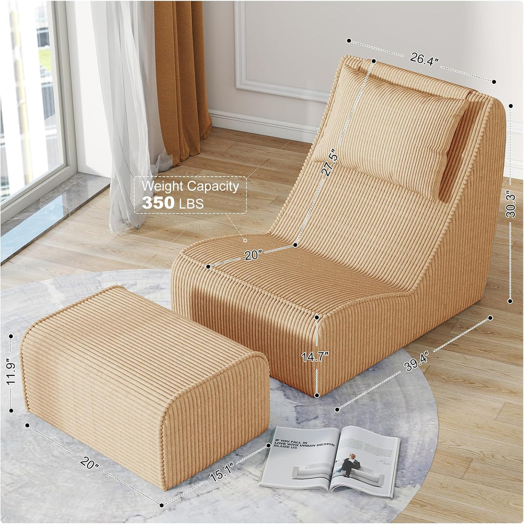 Giant Bean Bag Chair for Adults,Corduroy Chaise Lounge with Unrivaled Back Support, Detachable Neck Pillow, Comfortable Ottoman & Washable Cover for Living Room, Bedroom, Garden (Camel)
