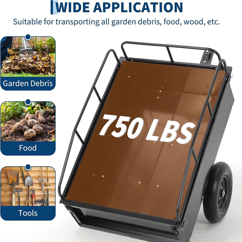Garvee 750 LB Heavy Duty Steel Dump Cart Trailer - 15 Cu Ft Capacity Tow Behind Utility Trailer for ATV, Lawn Tractor, Riding Mower - Removable Tailgate & Raised Side Rails, Black
