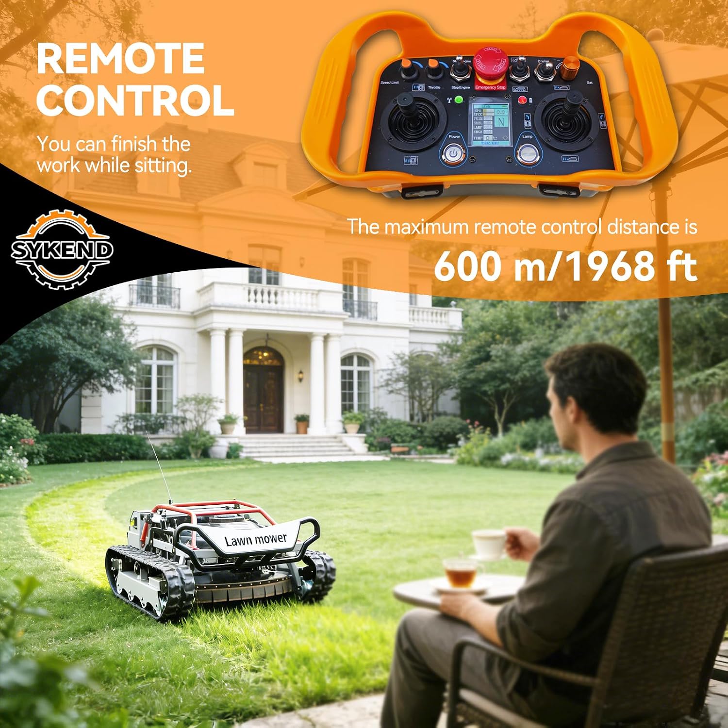 Remote-Controlled Robotic Lawnmower with a Powerful 22hp Brand Engine, Capable of Climbing Slopes up to 65°, and Featuring a High-Power 48v Brushless Motor Suitable for All Terrains
