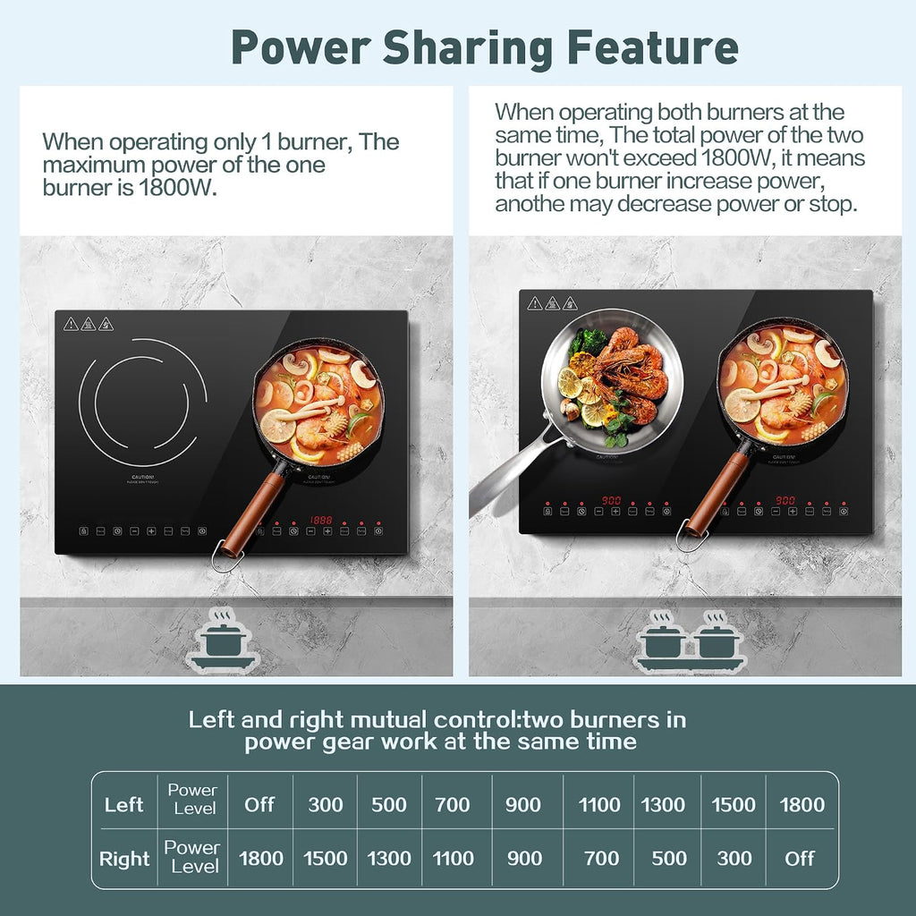 Induction Cooktop with 2 Burners, Horizontal Electric Stove, Built-In Induction Cooker, 1800W Sensor Touch Electric Cooktop, 9 Power Levels, Timer, Safety Lock, 120V, 20 Inch