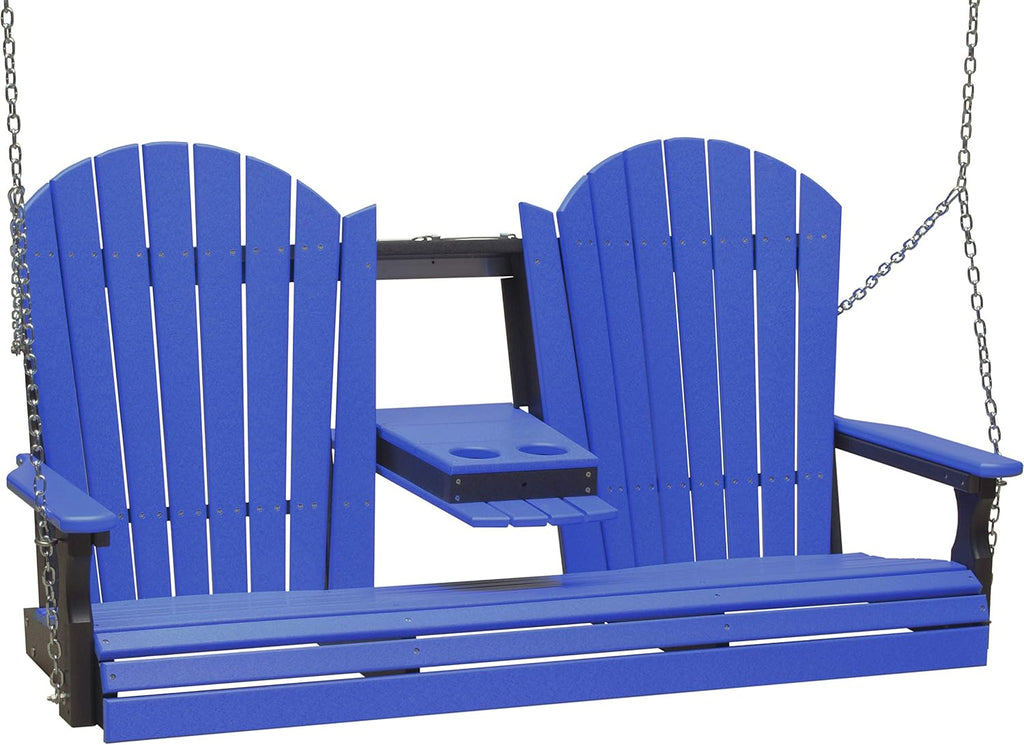 LuxCraft 5' Adirondack Hanging Porch Swing with Center Console, Outdoor Patio Swing, Front Porch Swing, Outdoor Swing Bench (Blue on Black)