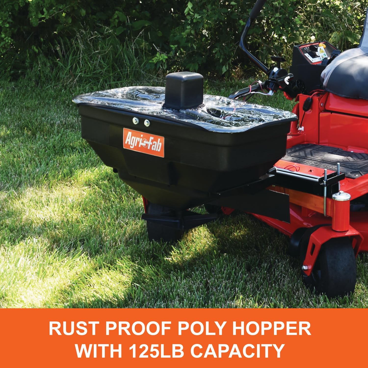 Agri-Fab 45-0627 Zero Turn Mower Electric Spreader, 125 lb Hopper Capacity, Grass, Seed, and Fertilizer Spreader, Spread Width up to 12 ft, Black