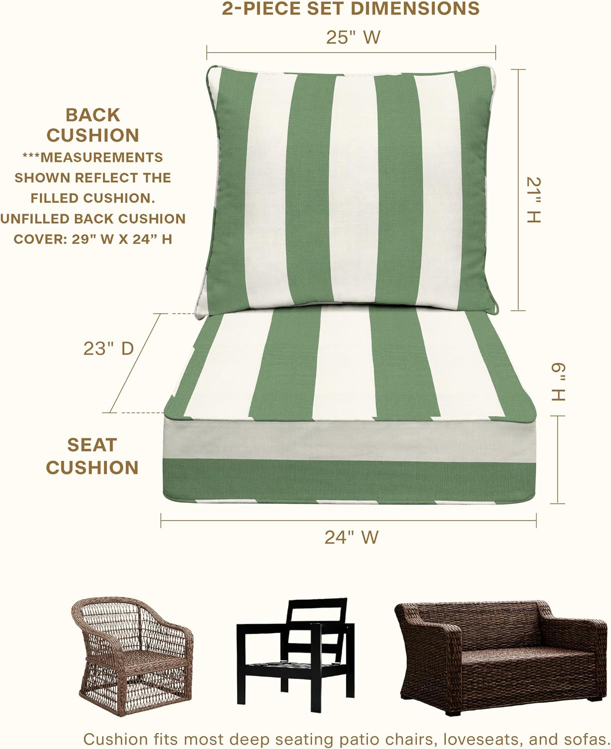 Honeycomb Outdoor Heritage Deep Seat, 24 x 23, Cabana Stripe Green & Cream Chair Cushion with Removable Cover, for Patio Furniture