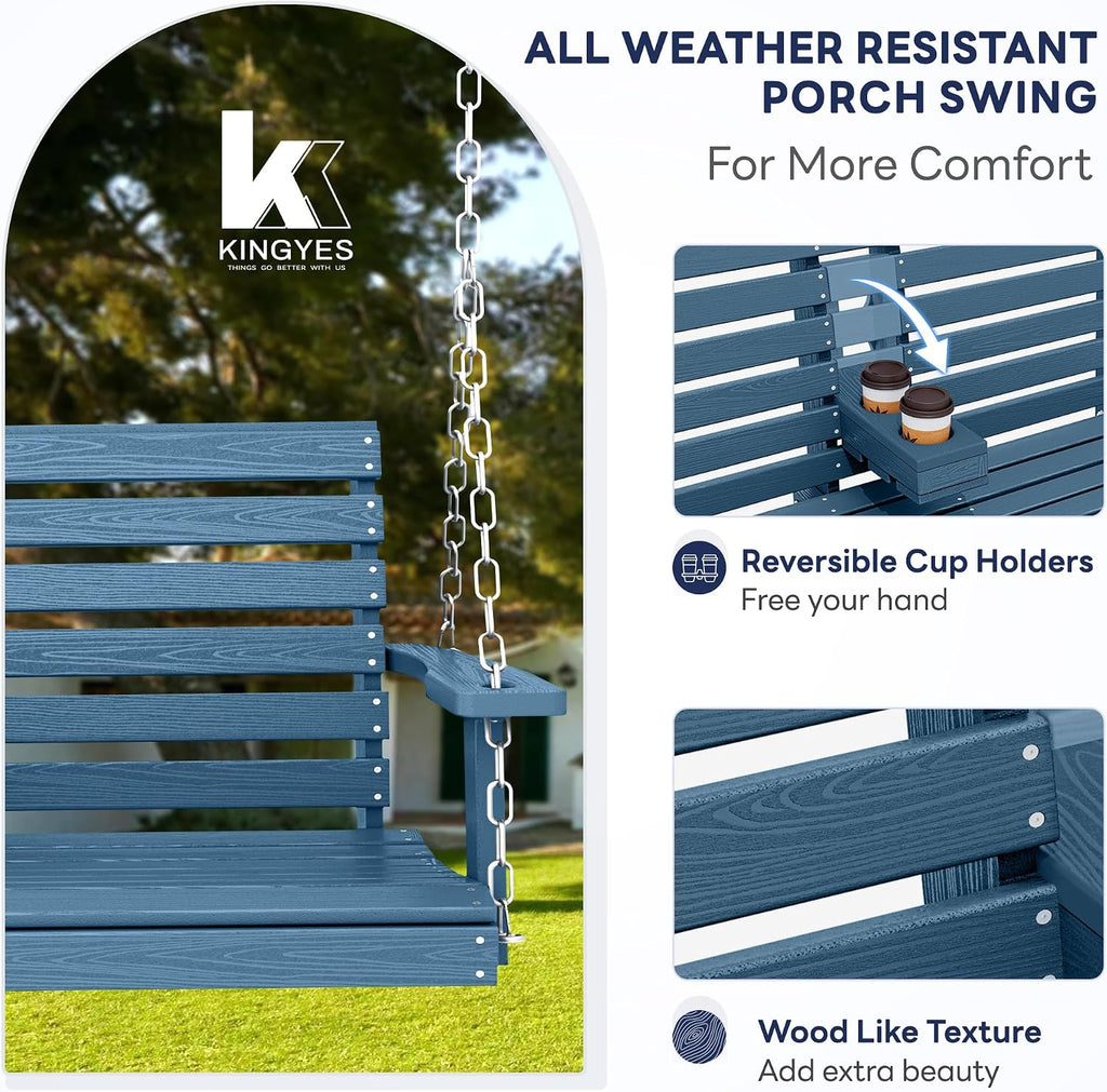 KINGYES Outdoor Hanging Porch Swing, 2 Seat Patio Swing Chair with Cup Holders, Waterproof Swing Chair Bench for Courtyard & Garden, 660LBS Weight Capacity, Blue