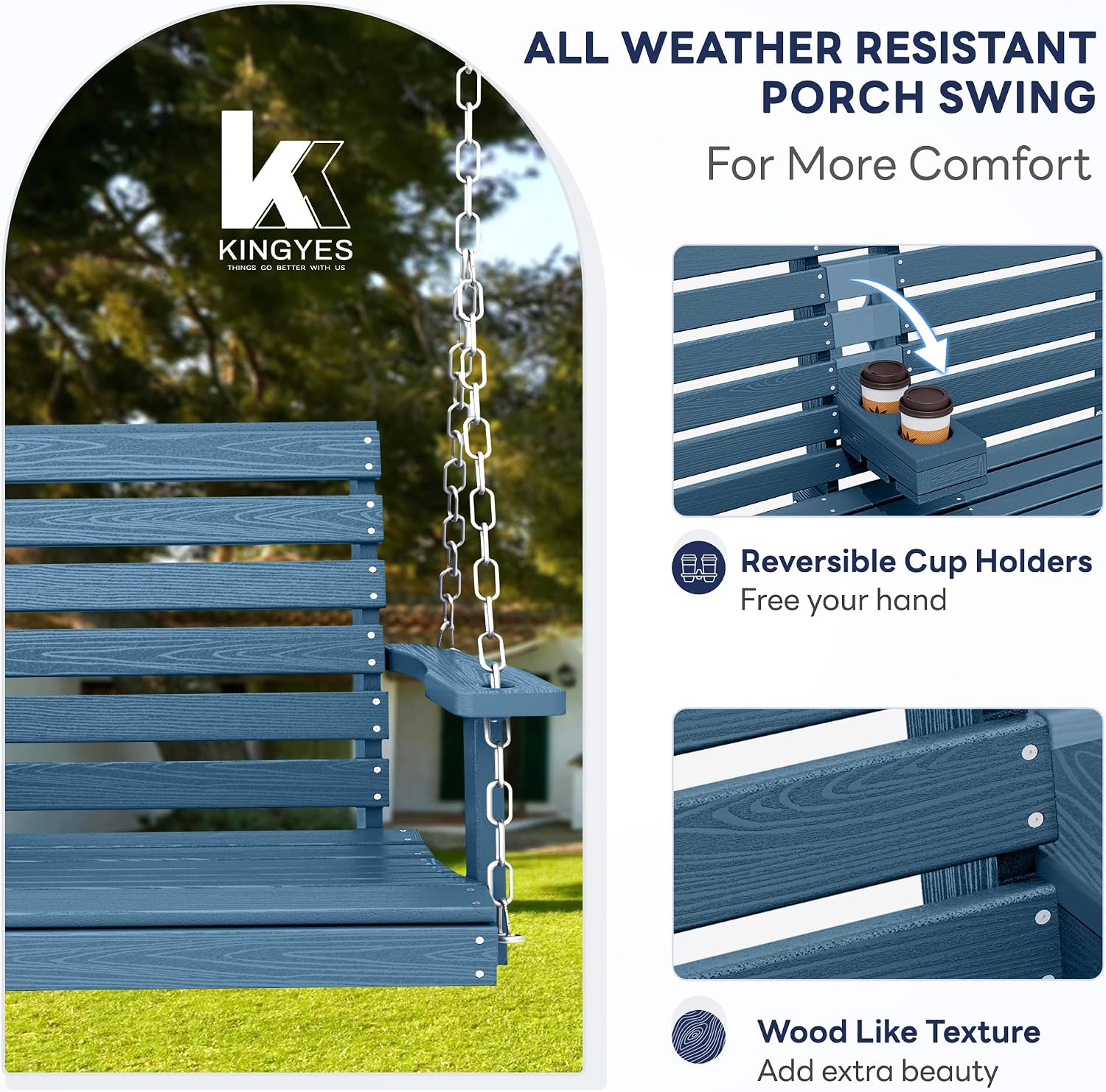 KINGYES Outdoor Hanging Porch Swing, 2 Seat Patio Swing Chair with Cup Holders, Waterproof Swing Chair Bench for Courtyard & Garden, 660LBS Weight Capacity, Blue