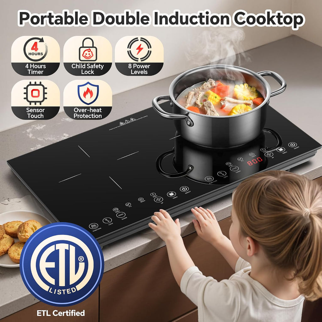 Portable Induction Cooktop 2 Burner - 1800W Double Induction Cooker with 8 Power Settings, 4 Pre-Set Modes, Ultra Thin Design, Sensor Touch Control, Child Safety Lock & Timer | Electric Cooktop