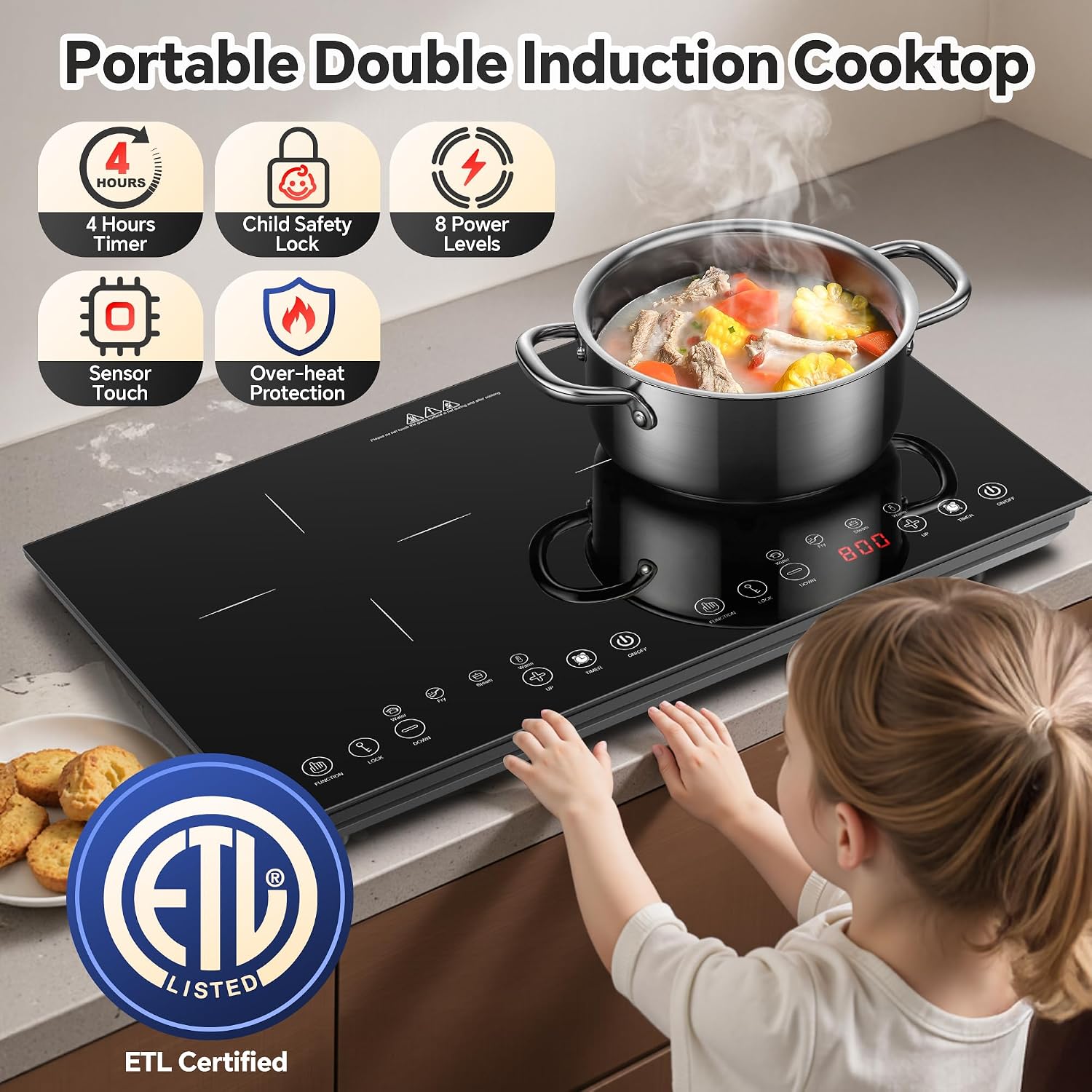 Portable Induction Cooktop 2 Burner - 1800W Double Induction Cooker with 8 Power Settings, 4 Pre-Set Modes, Ultra Thin Design, Sensor Touch Control, Child Safety Lock & Timer | Electric Cooktop