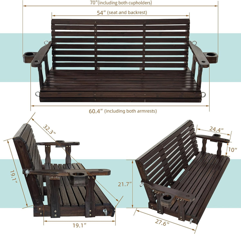 Fortune Candy Wooden Porch Swing 3-Seater, High Backrest and Deep Seat, Bench Swing with Cupholders, Hanging Chains and 7mm Springs, Heavy Duty 880 LBS (Deep Brown, 5 FT Extra Large)