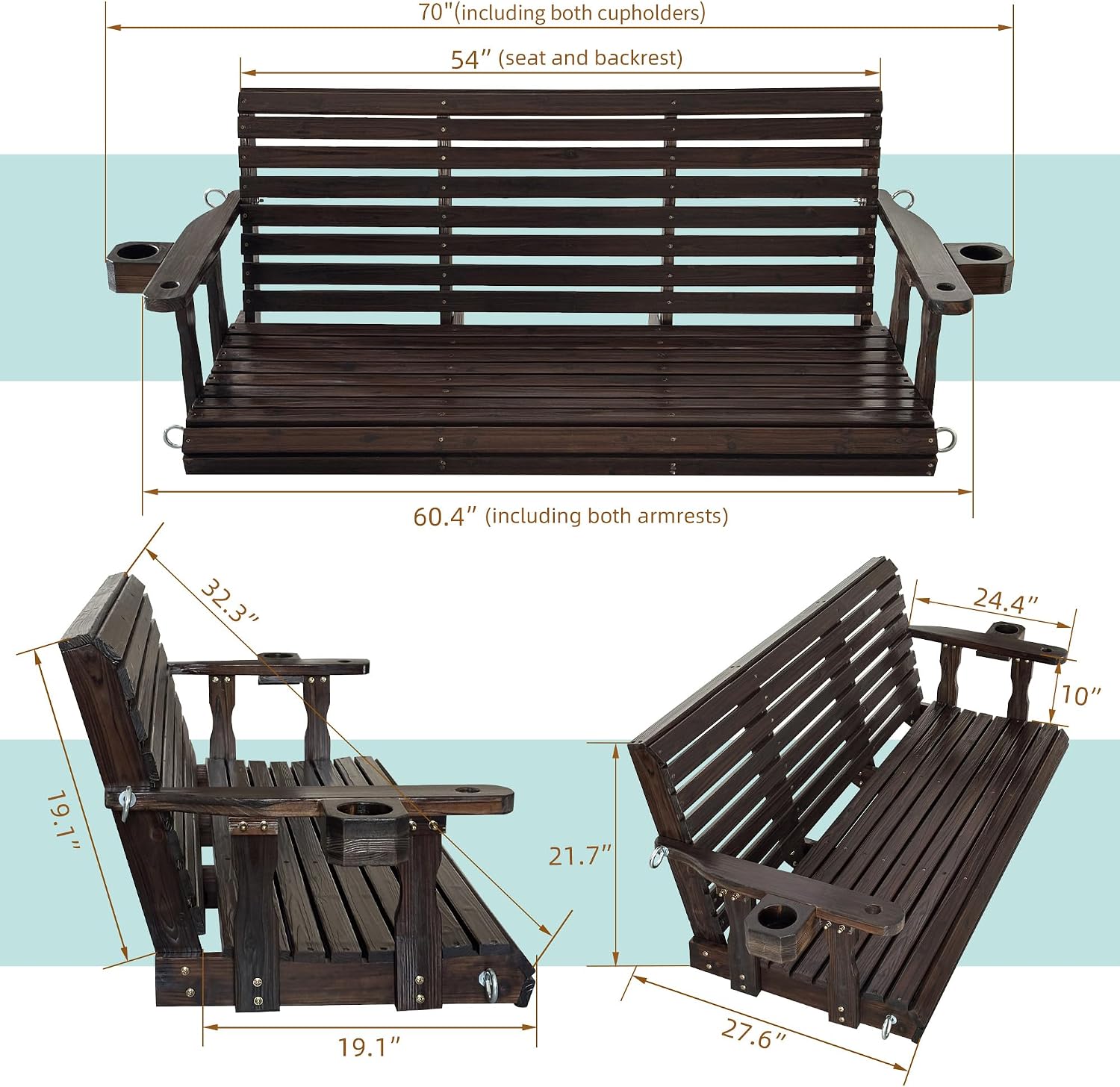 Fortune Candy Wooden Porch Swing 3-Seater, High Backrest and Deep Seat, Bench Swing with Cupholders, Hanging Chains and 7mm Springs, Heavy Duty 880 LBS (Deep Brown, 5 FT Extra Large)