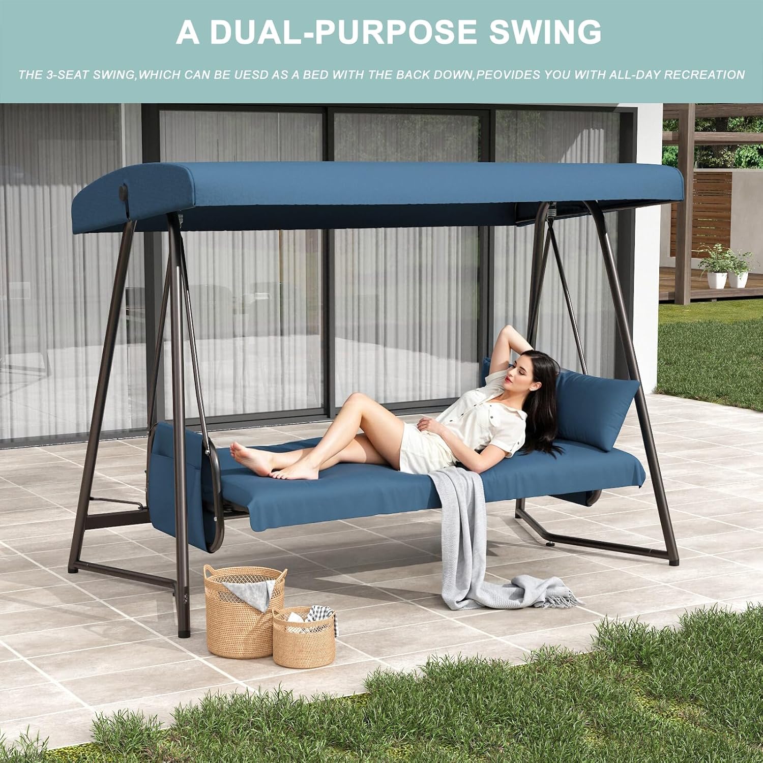 3-4 Seat Oversized Outdoor Porch Swing with Adjustable Backrest Canopy,2-in 1 Swing Bed with Stand 800 lbs Capacity,Patio Swing Chair with Removable Cushions for Yard Garden Poolside Balcony