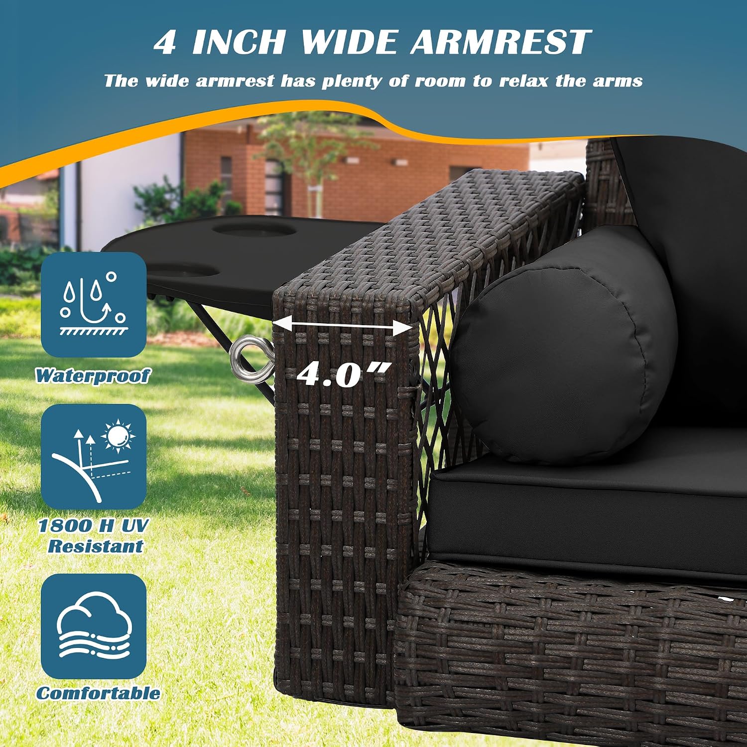 Wicker Porch Swing, 3-Seats Rattan Hanging Swing Chair, Patio Grey Rattan Swings, Outdoor Swing Bench with Cushion for Patio Backyard Poolside Garden, Black