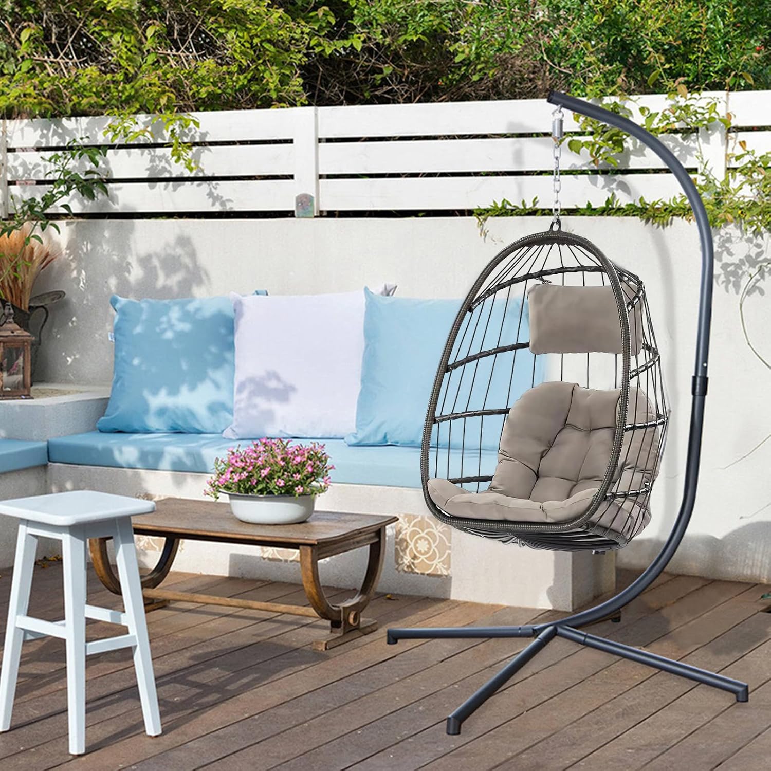 Indoor Outdoor Patio Wicker Hanging Chair Swing Chair Patio Egg Chair UV Resistant Cushion Aluminum Frame (LIGHT GREY)