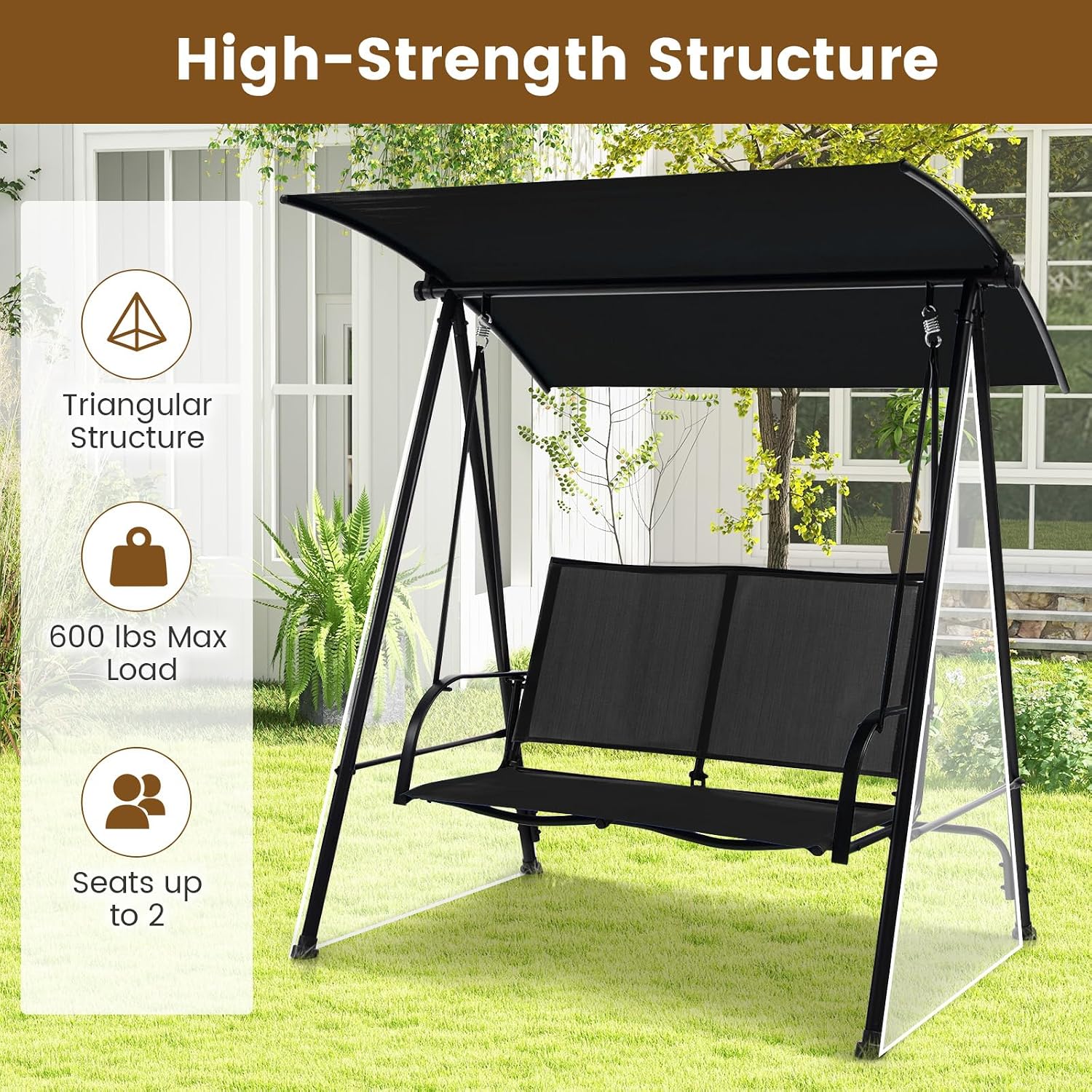 HAPPYGRILL 2-Person Outdoor Swing with Canopy, Patio Porch Swing Chair with Heavy-Duty Metal Frame, Breathable Seat Fabric, Patio Loveseat Swing for Backyard, Balcony, Poolside