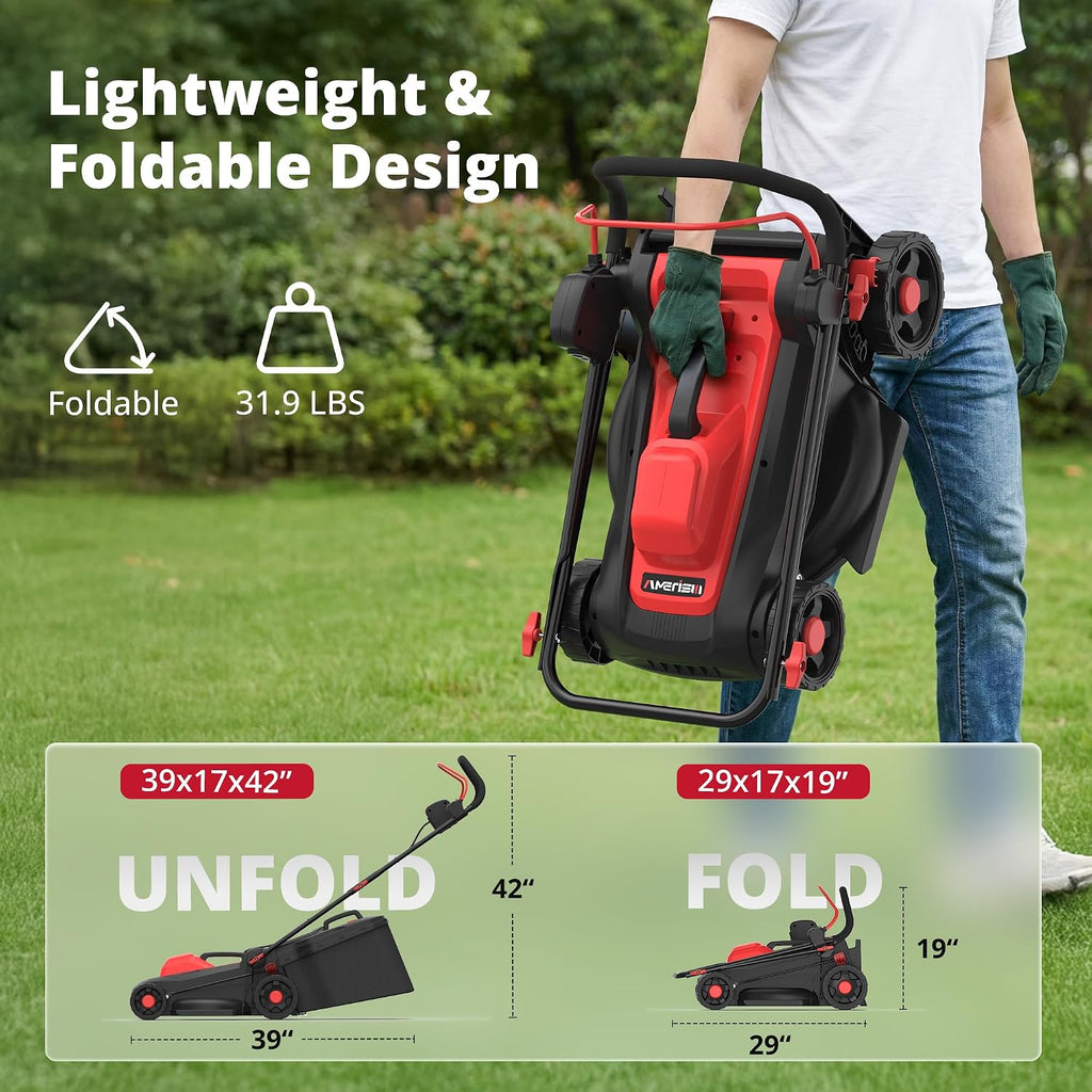 AMERISUN 14-Inch 2IN1 Electric Lawn Mower, 12.5 Amp 3400RPM Corded Push Mower with 6-Position Height Adjustment, 10-Gallon Grass Catcher & Mulching Kit, Lightweight Lawn Mower for Small/Medium Yards