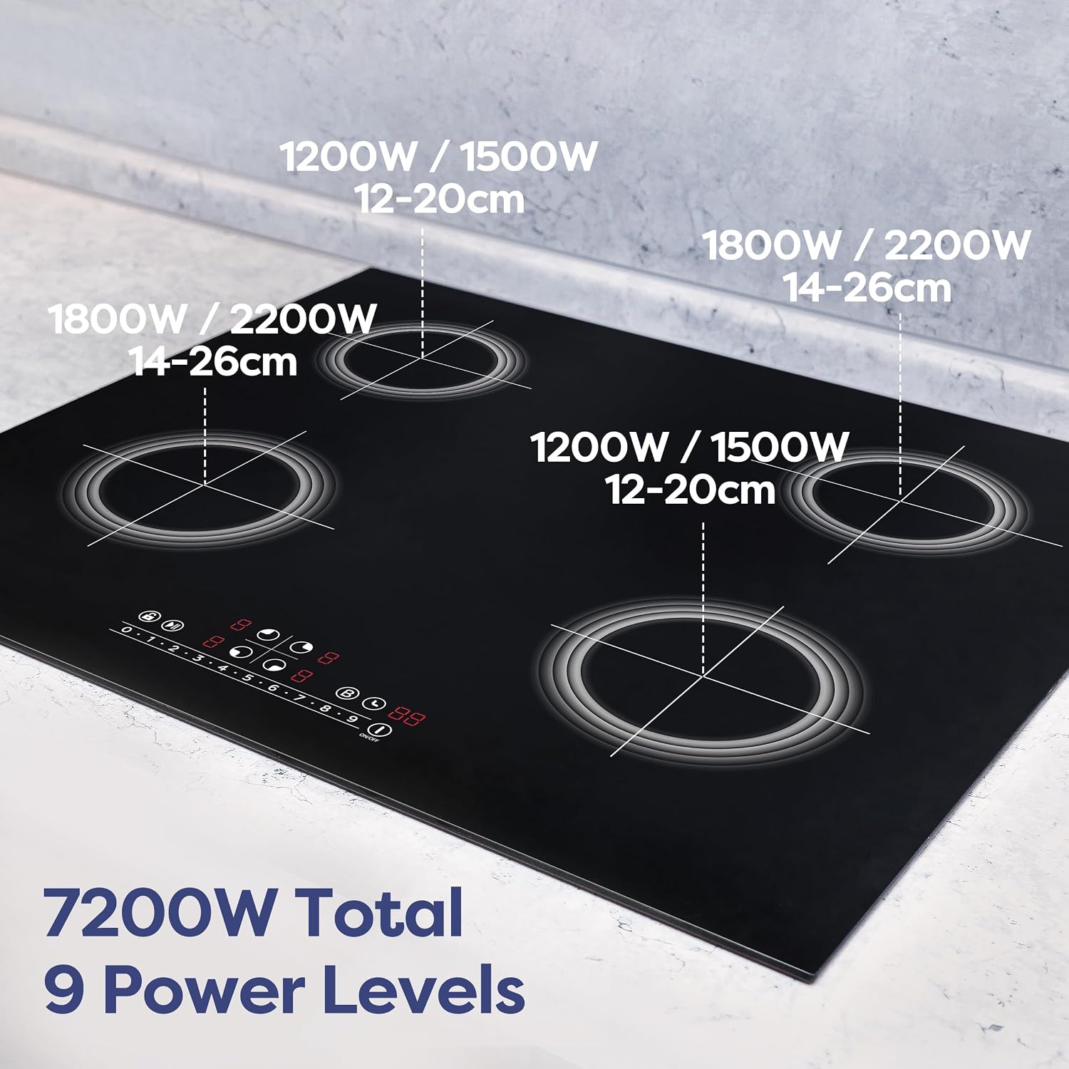 CDV 7200W Built-in Induction Cooktop 4 Burners, 24 Inch Electric Cooktop Touch Control Ceramic Glass Plate 9 Power Levels Fast Heating Child Safety Lock