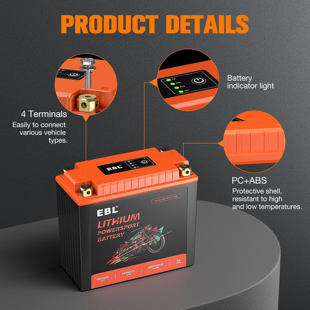 EBL Lithium YTX20L-BS, 360CCA Lithium LiFePO4 Motorcycle Battery, 12V 12Ah ATV, UTV, Jet Ski, 4 Wheeler, Quad, Riding Lawn Mower, Tractor, Scooter, PWC, Seadoo, Polaris and Generator Battery
