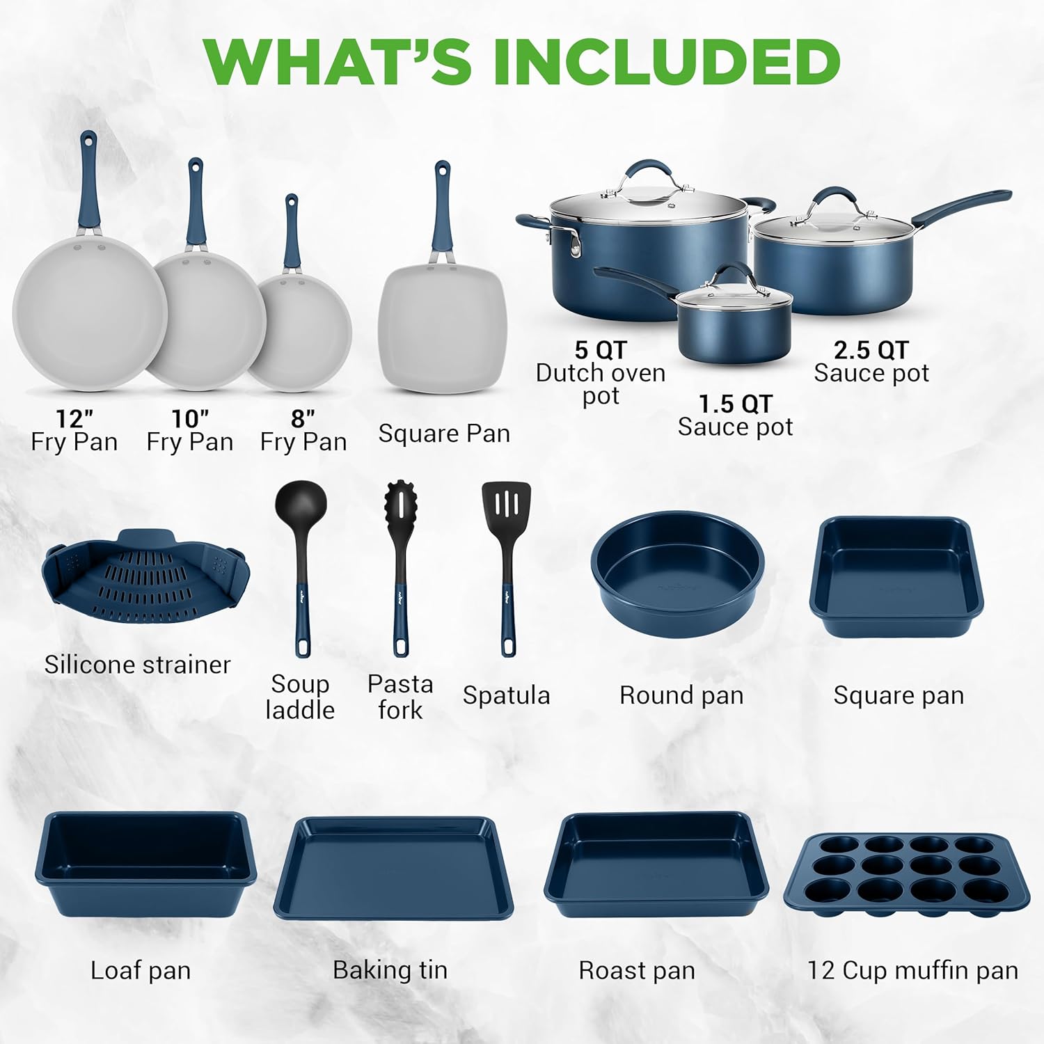 NutriChef Professional 20 Pc Pots and Pans Set Non Stick in Navy Blue - Includes Bakeware & Utensils, Induction Ready, Easy Clean