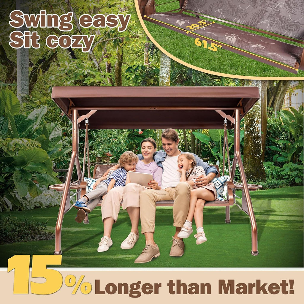 ZZW 3 Person Patio Swing Outdoor Swing for Adults with Adjustable Canopy &Upgraded Cup Holders Textilene Fabric Porch Swing Chair with Stand Heavy Duty 800 LBS
