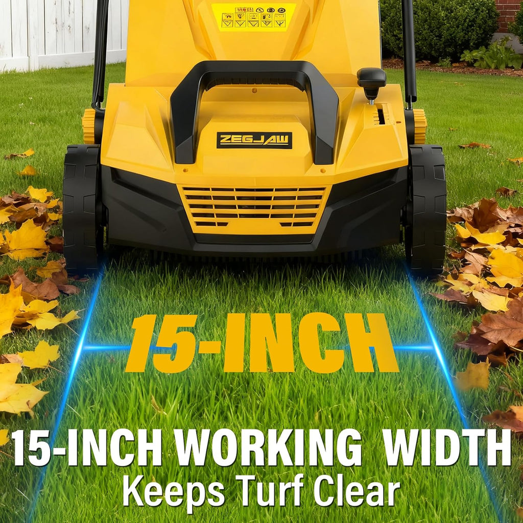 ZEGJAW 15' Artificial Turf Sweeper, 13 Amp Lawn Sweeper, Support 5-Position Depth Adjustment with 45L Removable Collection Bag, Quick-Fold, for Artificial Grass, Keep Your Yard Tidy